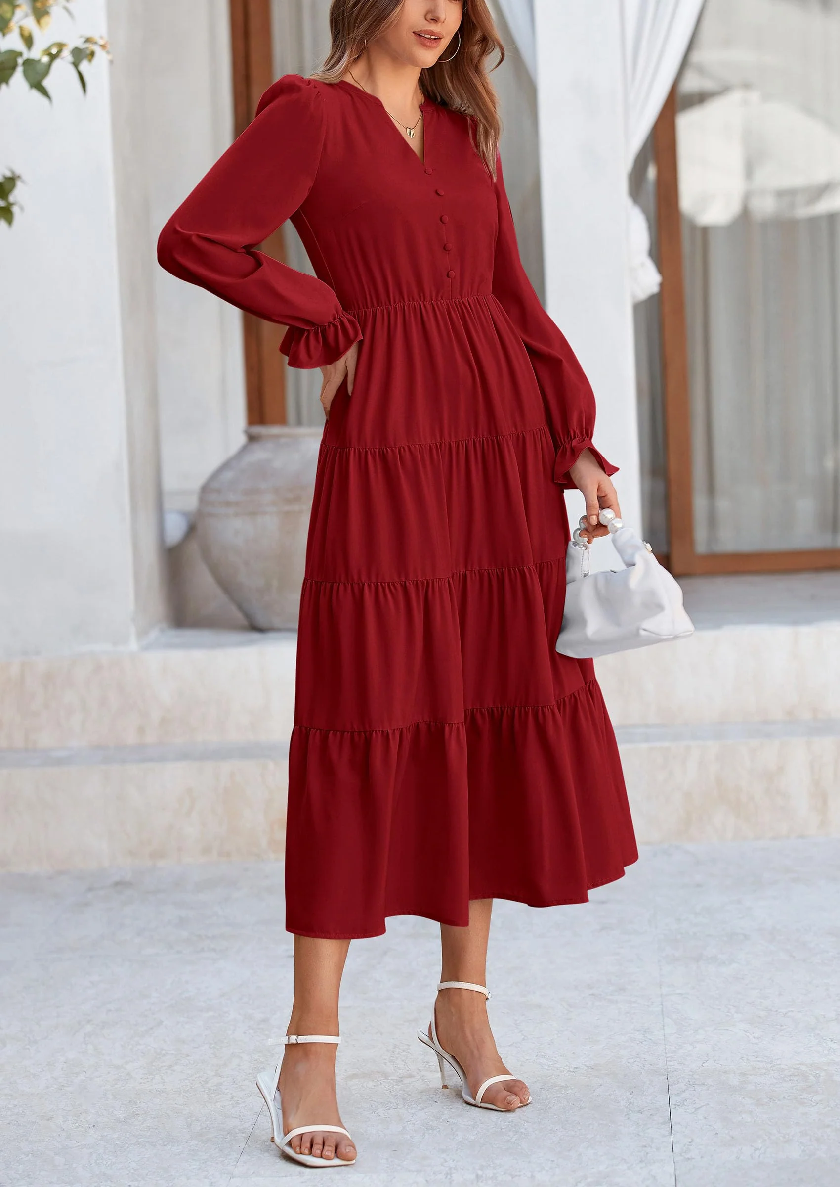 PRETTYGARDEN Women Fall Long Sleeve Smocked Maxi Dress Casual Square Neck Swiss Dot Tiered Ruffle Flowy Spring Pocket Dresses - Image 63