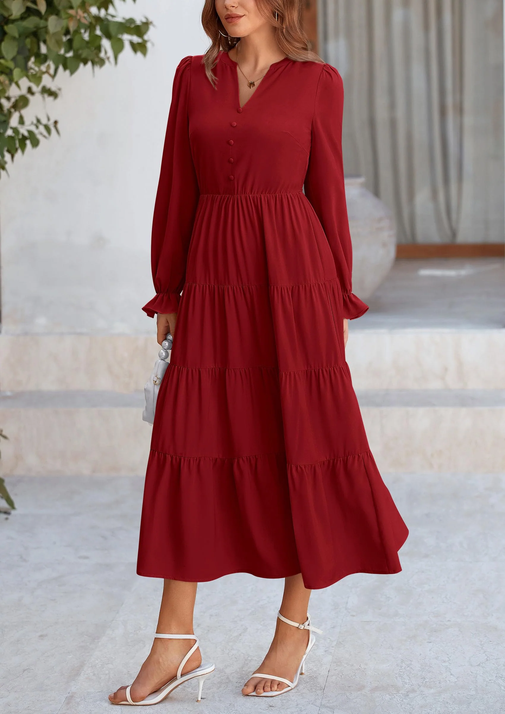 PRETTYGARDEN Women Fall Long Sleeve Smocked Maxi Dress Casual Square Neck Swiss Dot Tiered Ruffle Flowy Spring Pocket Dresses - Image 64
