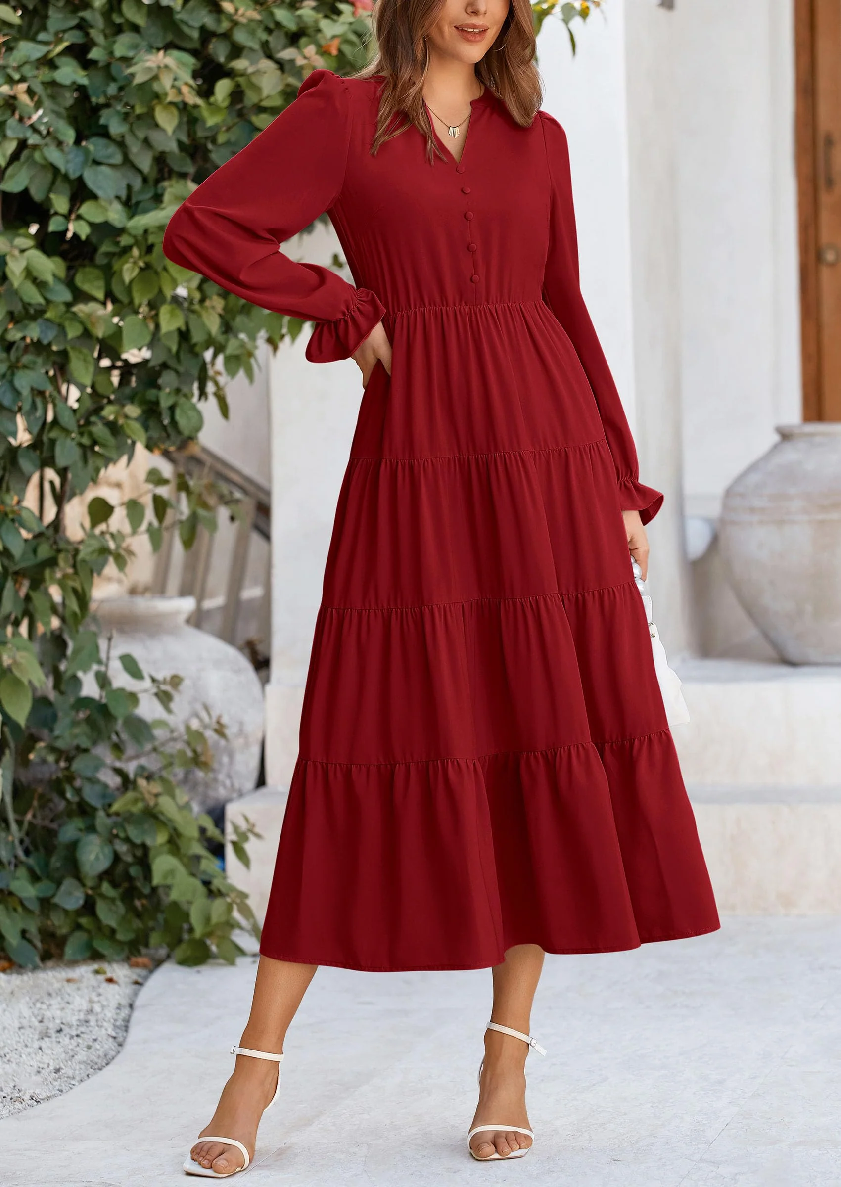 PRETTYGARDEN Women Fall Long Sleeve Smocked Maxi Dress Casual Square Neck Swiss Dot Tiered Ruffle Flowy Spring Pocket Dresses - Image 65