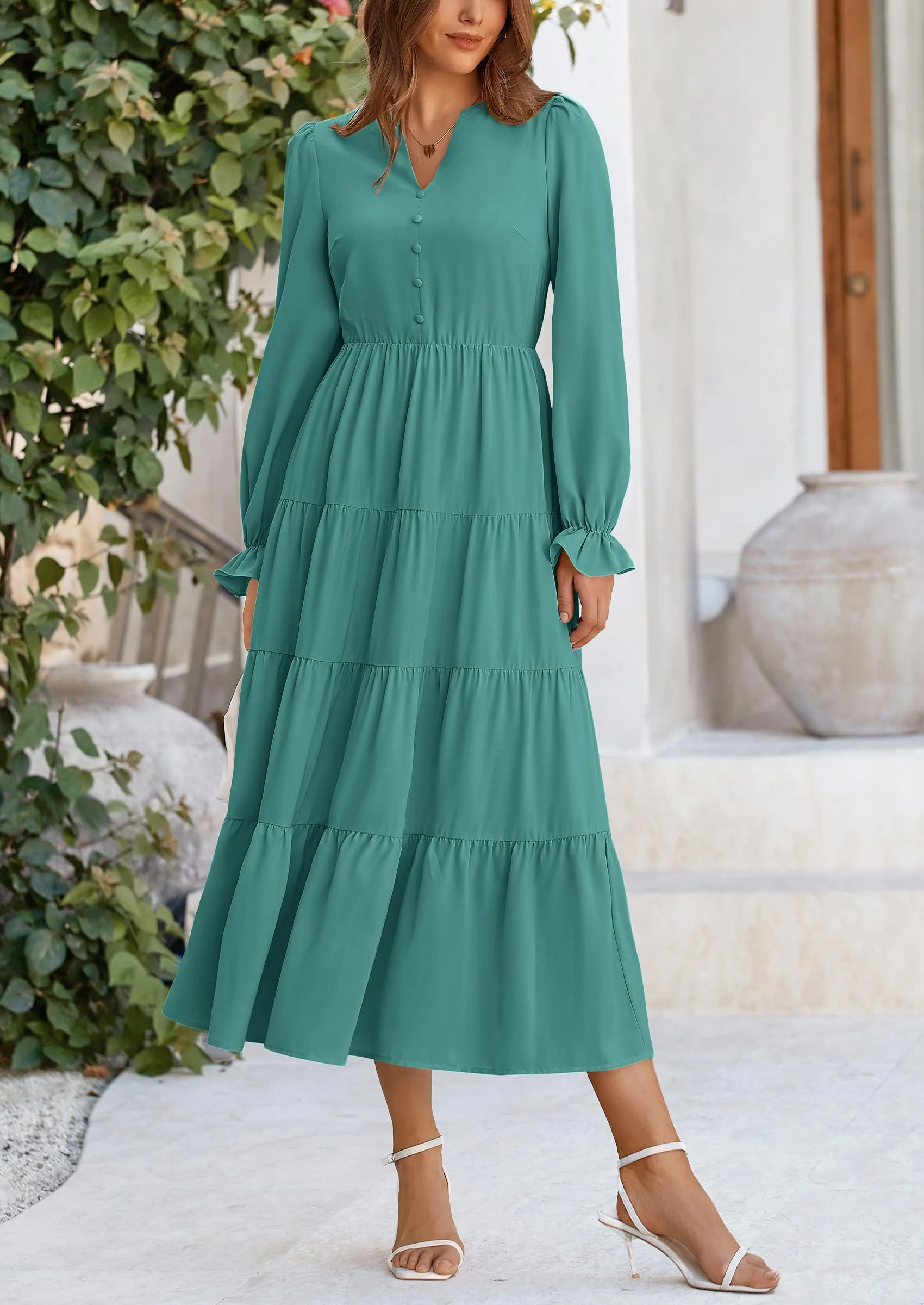 PRETTYGARDEN Women Fall Long Sleeve Smocked Maxi Dress Casual Square Neck Swiss Dot Tiered Ruffle Flowy Spring Pocket Dresses - Image 66