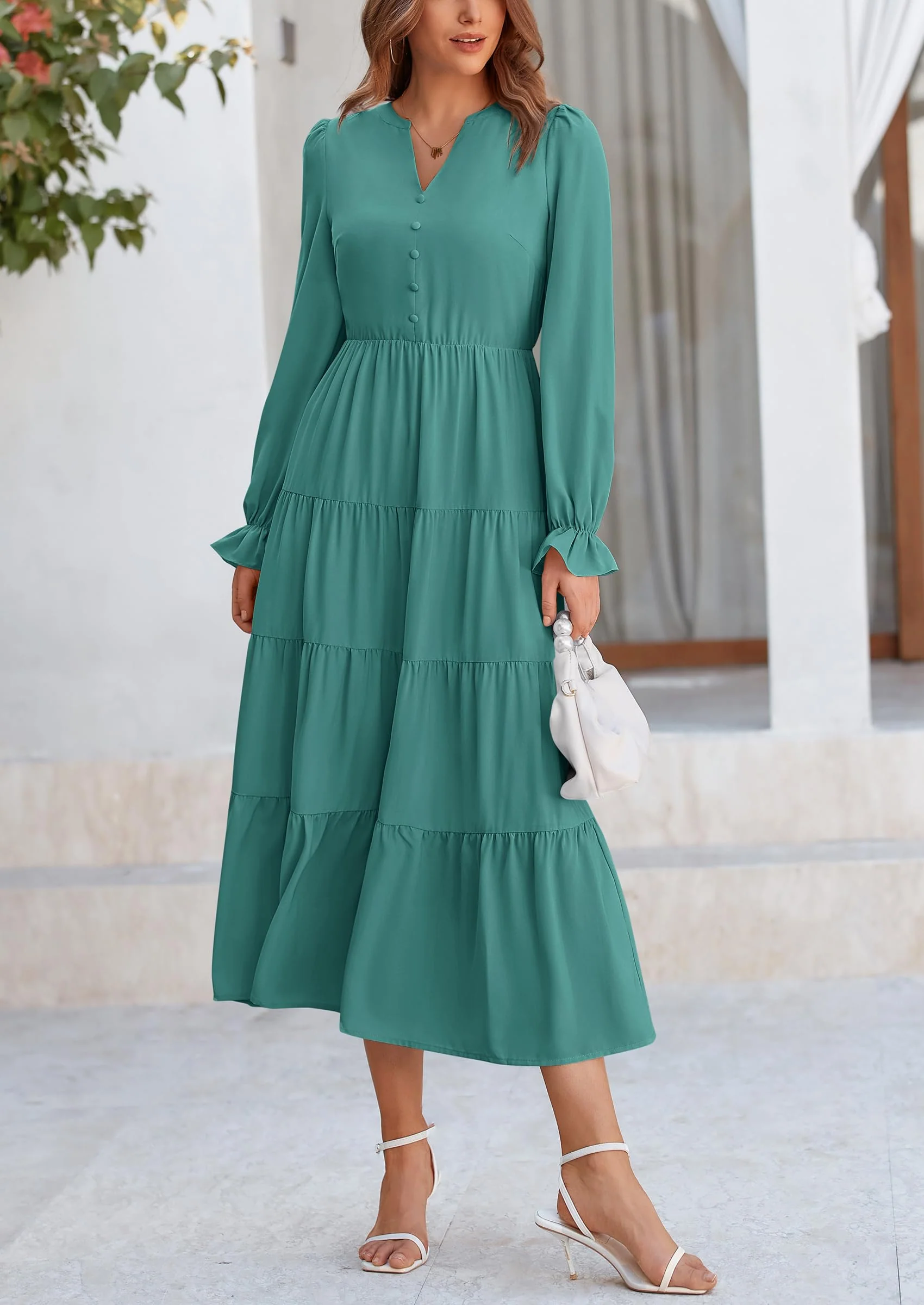 PRETTYGARDEN Women Fall Long Sleeve Smocked Maxi Dress Casual Square Neck Swiss Dot Tiered Ruffle Flowy Spring Pocket Dresses - Image 68