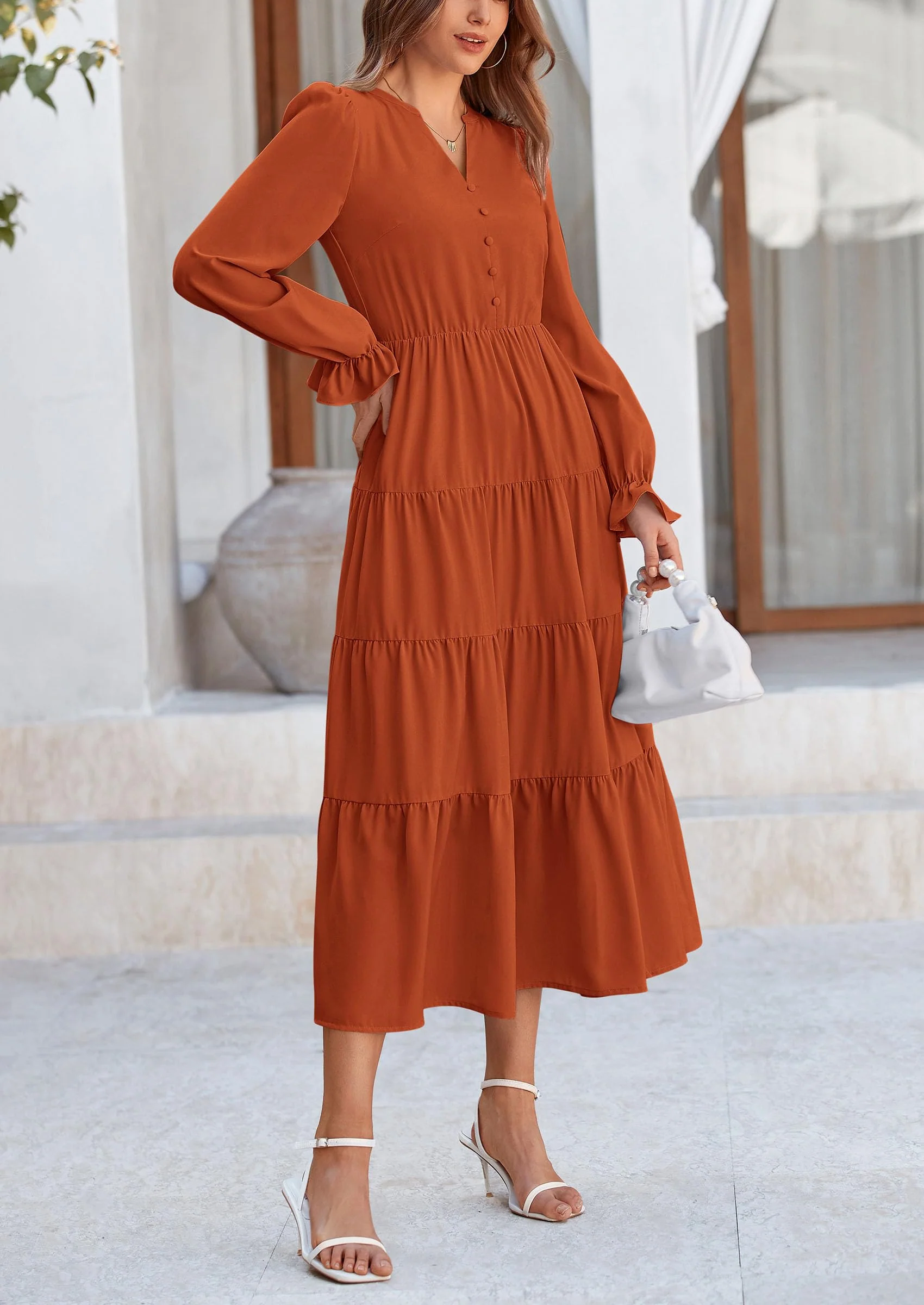 PRETTYGARDEN Women Fall Long Sleeve Smocked Maxi Dress Casual Square Neck Swiss Dot Tiered Ruffle Flowy Spring Pocket Dresses - Image 7