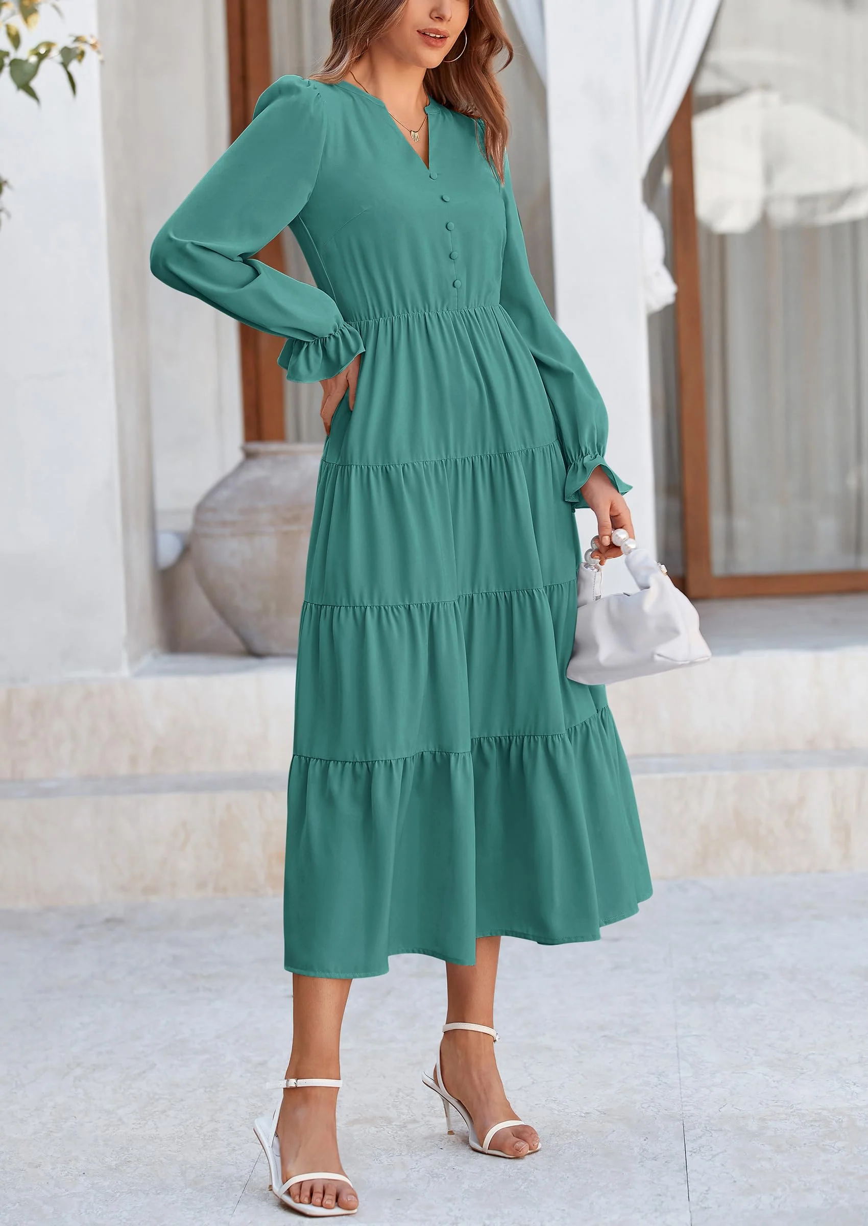 PRETTYGARDEN Women Fall Long Sleeve Smocked Maxi Dress Casual Square Neck Swiss Dot Tiered Ruffle Flowy Spring Pocket Dresses - Image 70