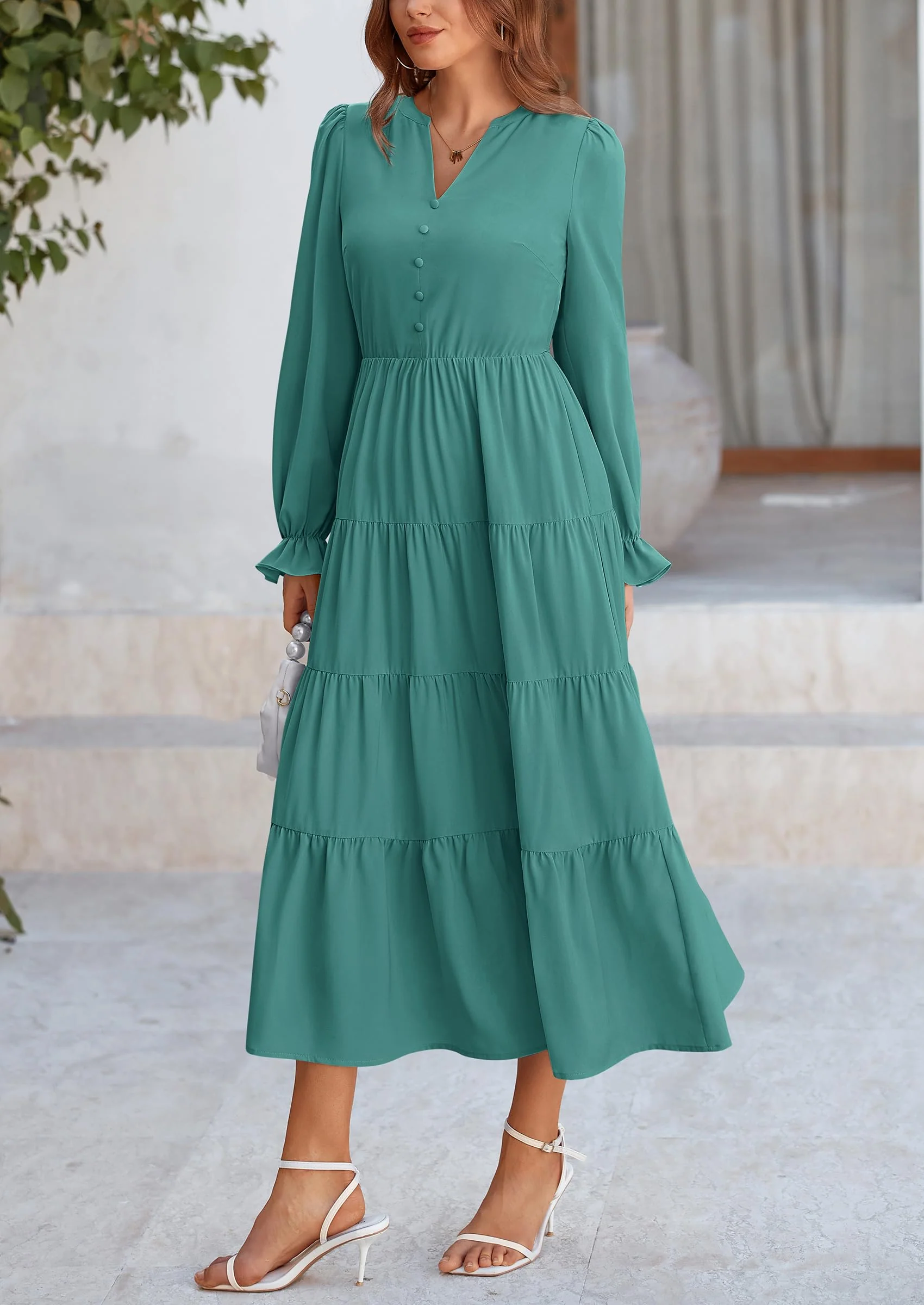 PRETTYGARDEN Women Fall Long Sleeve Smocked Maxi Dress Casual Square Neck Swiss Dot Tiered Ruffle Flowy Spring Pocket Dresses - Image 71