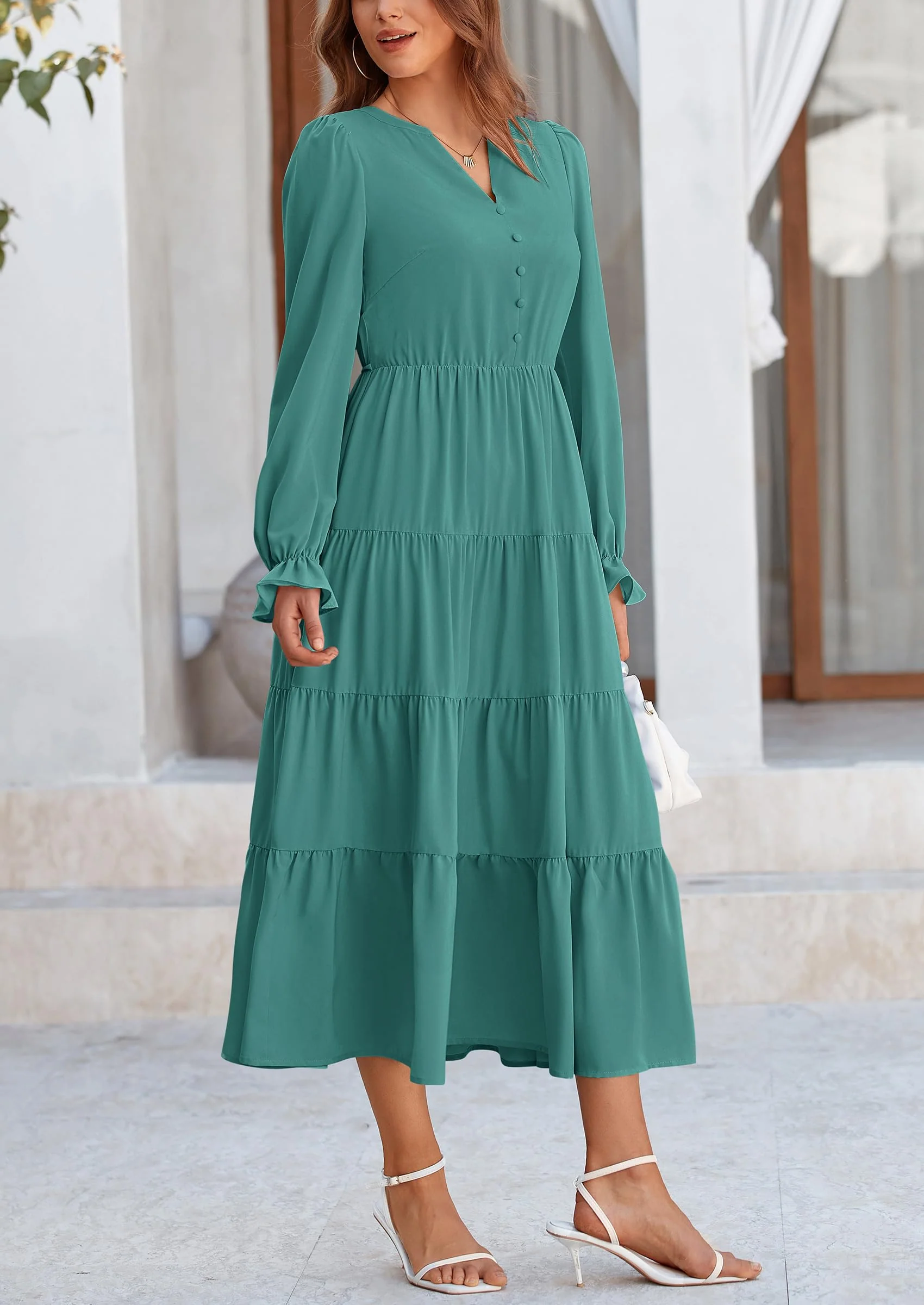 PRETTYGARDEN Women Fall Long Sleeve Smocked Maxi Dress Casual Square Neck Swiss Dot Tiered Ruffle Flowy Spring Pocket Dresses - Image 72