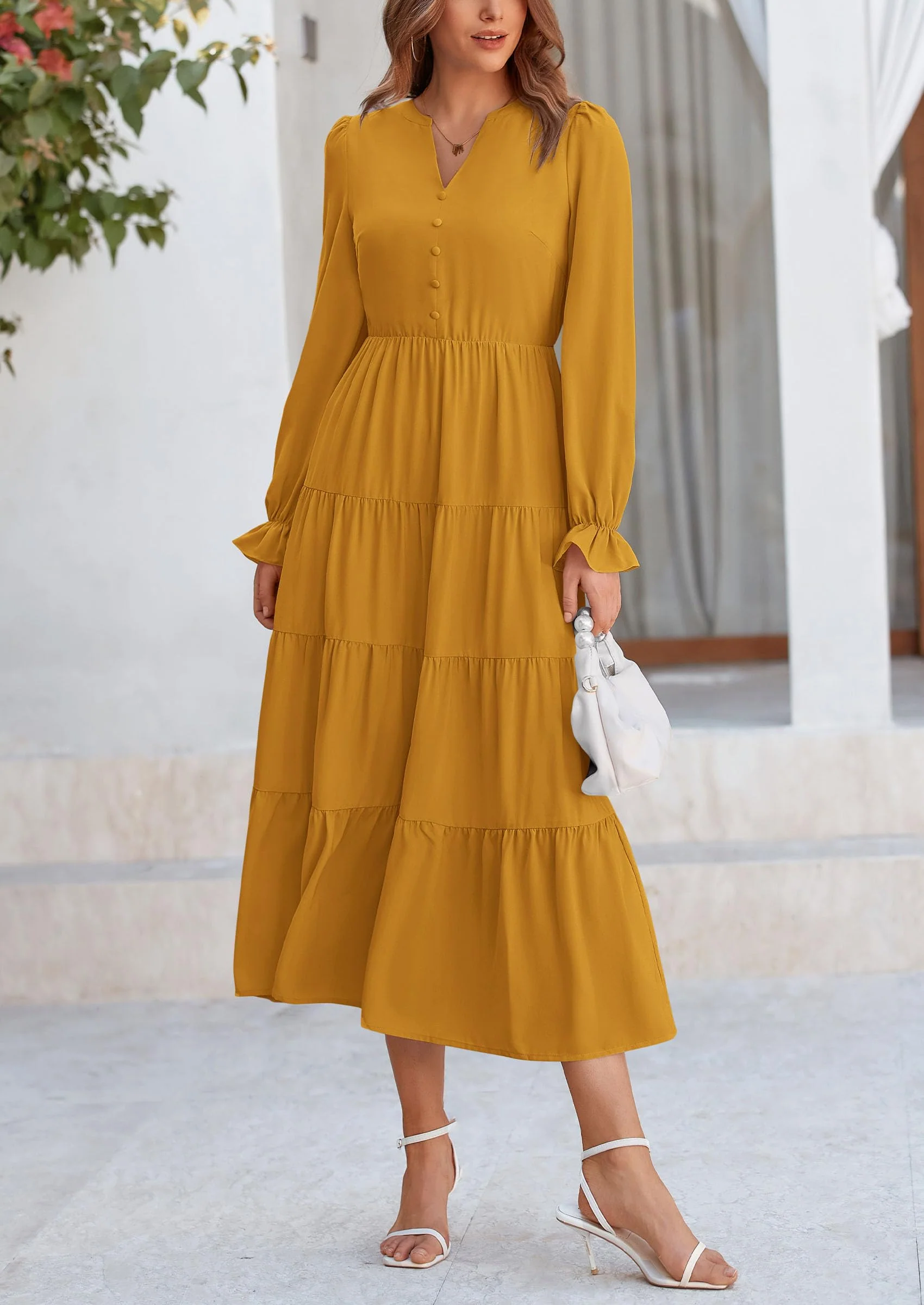 PRETTYGARDEN Women Fall Long Sleeve Smocked Maxi Dress Casual Square Neck Swiss Dot Tiered Ruffle Flowy Spring Pocket Dresses - Image 75