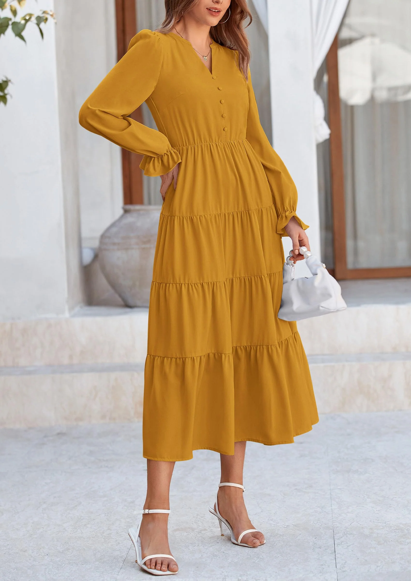 PRETTYGARDEN Women Fall Long Sleeve Smocked Maxi Dress Casual Square Neck Swiss Dot Tiered Ruffle Flowy Spring Pocket Dresses - Image 78