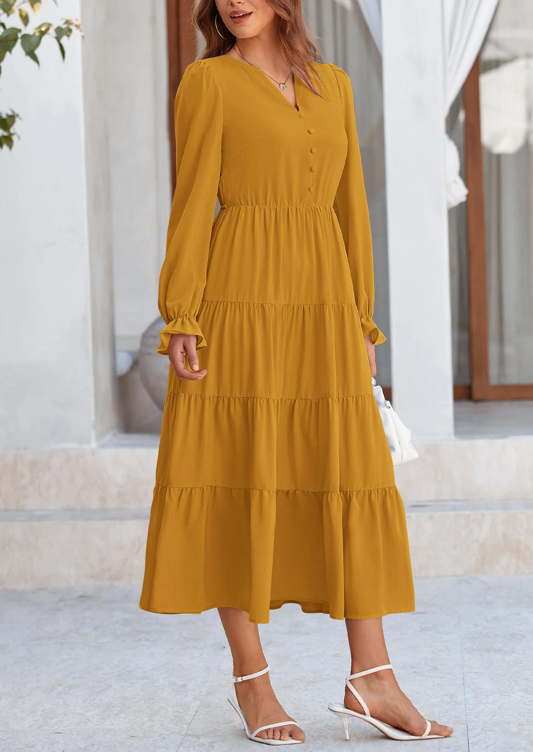 PRETTYGARDEN Women Fall Long Sleeve Smocked Maxi Dress Casual Square Neck Swiss Dot Tiered Ruffle Flowy Spring Pocket Dresses - Image 79