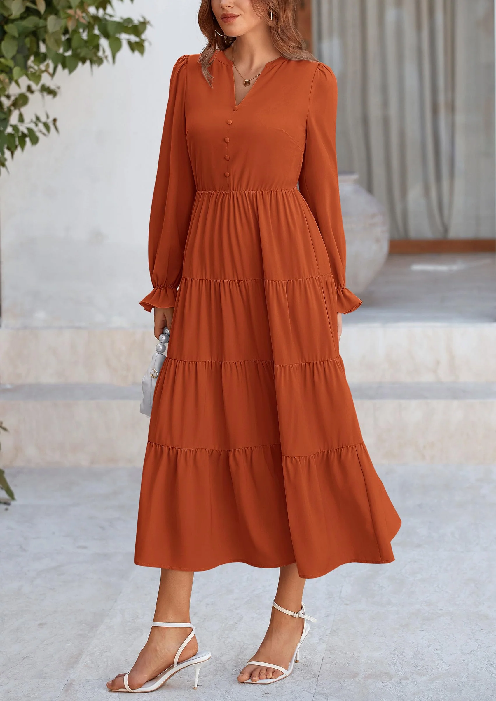 PRETTYGARDEN Women Fall Long Sleeve Smocked Maxi Dress Casual Square Neck Swiss Dot Tiered Ruffle Flowy Spring Pocket Dresses - Image 8