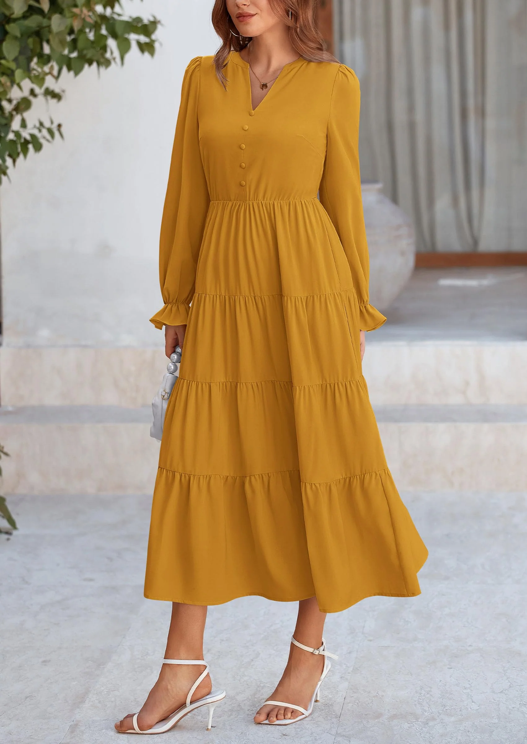 PRETTYGARDEN Women Fall Long Sleeve Smocked Maxi Dress Casual Square Neck Swiss Dot Tiered Ruffle Flowy Spring Pocket Dresses - Image 80