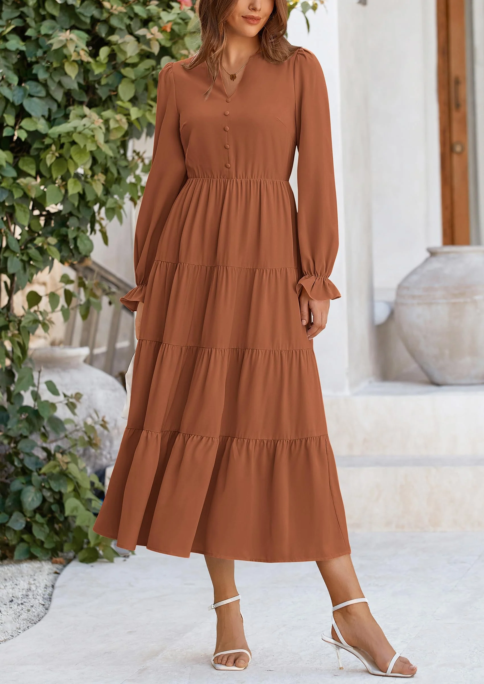 PRETTYGARDEN Women Fall Long Sleeve Smocked Maxi Dress Casual Square Neck Swiss Dot Tiered Ruffle Flowy Spring Pocket Dresses - Image 83