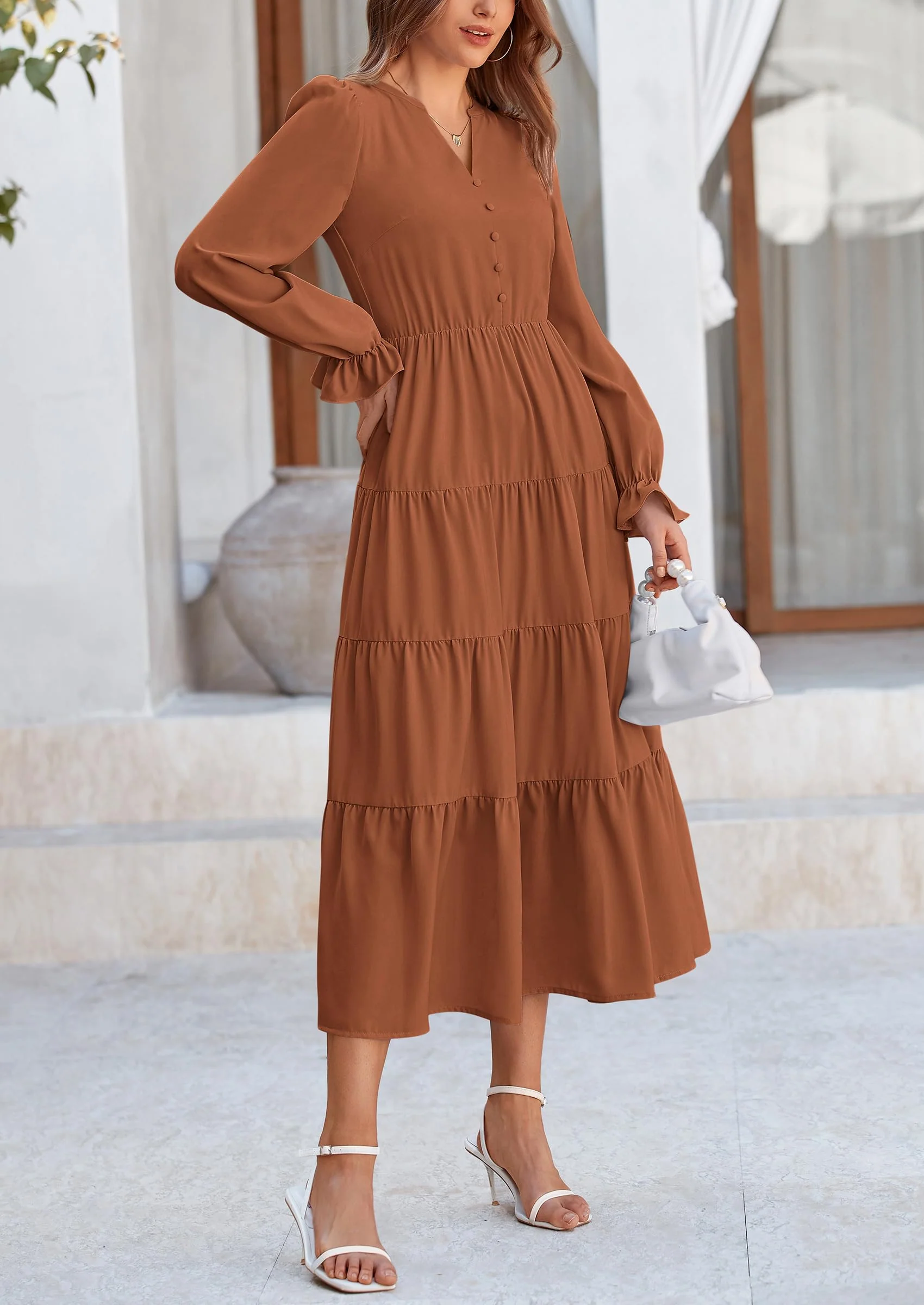 PRETTYGARDEN Women Fall Long Sleeve Smocked Maxi Dress Casual Square Neck Swiss Dot Tiered Ruffle Flowy Spring Pocket Dresses - Image 85
