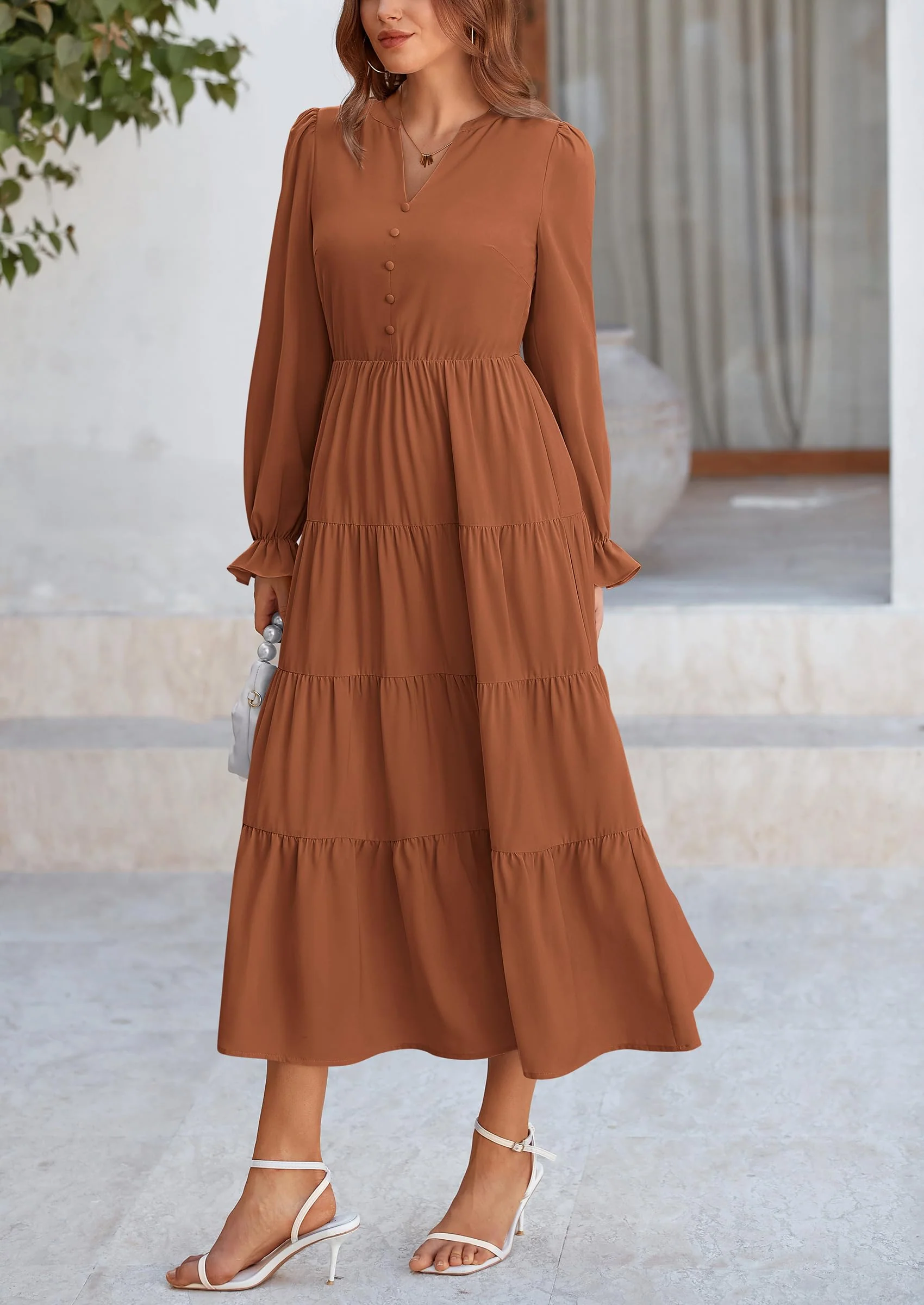 PRETTYGARDEN Women Fall Long Sleeve Smocked Maxi Dress Casual Square Neck Swiss Dot Tiered Ruffle Flowy Spring Pocket Dresses - Image 86