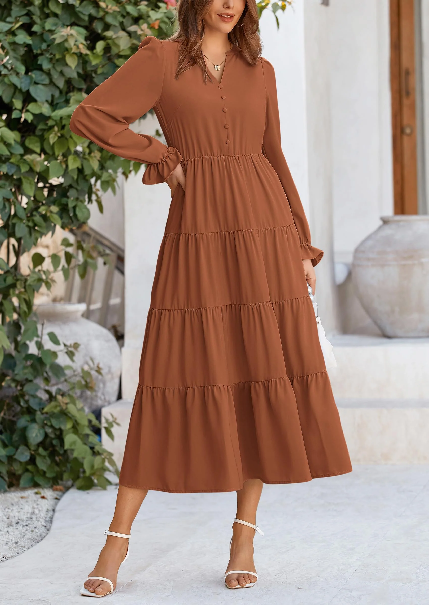 PRETTYGARDEN Women Fall Long Sleeve Smocked Maxi Dress Casual Square Neck Swiss Dot Tiered Ruffle Flowy Spring Pocket Dresses - Image 87