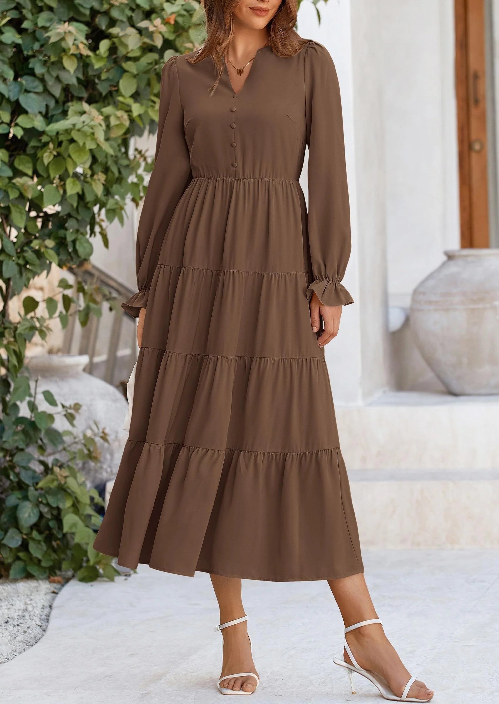 PRETTYGARDEN Women Fall Long Sleeve Smocked Maxi Dress Casual Square Neck Swiss Dot Tiered Ruffle Flowy Spring Pocket Dresses - Image 90