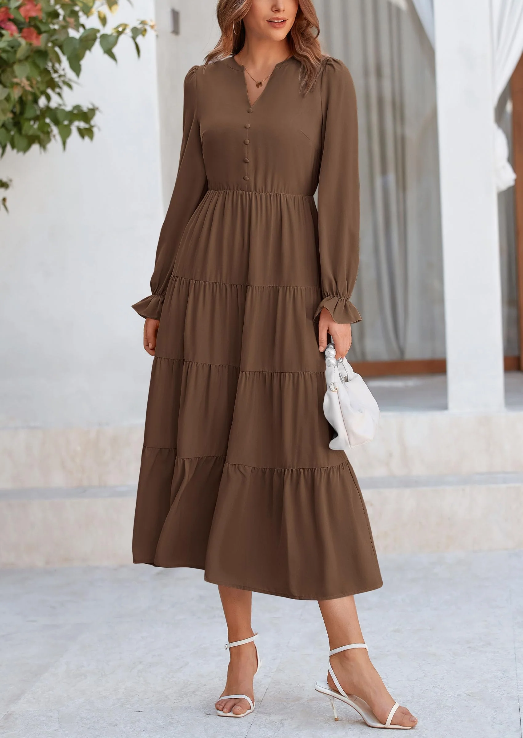 PRETTYGARDEN Women Fall Long Sleeve Smocked Maxi Dress Casual Square Neck Swiss Dot Tiered Ruffle Flowy Spring Pocket Dresses - Image 91