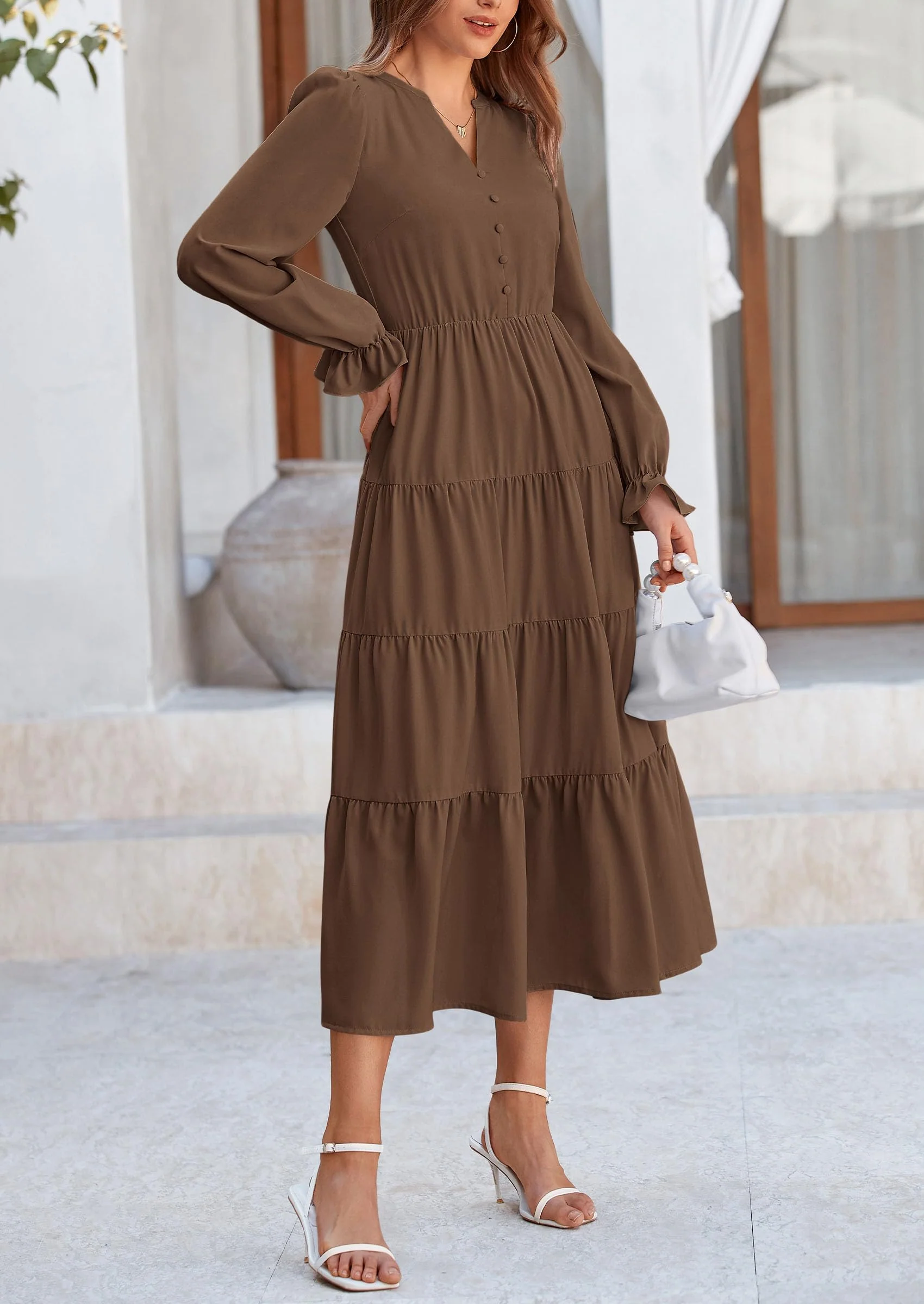 PRETTYGARDEN Women Fall Long Sleeve Smocked Maxi Dress Casual Square Neck Swiss Dot Tiered Ruffle Flowy Spring Pocket Dresses - Image 93
