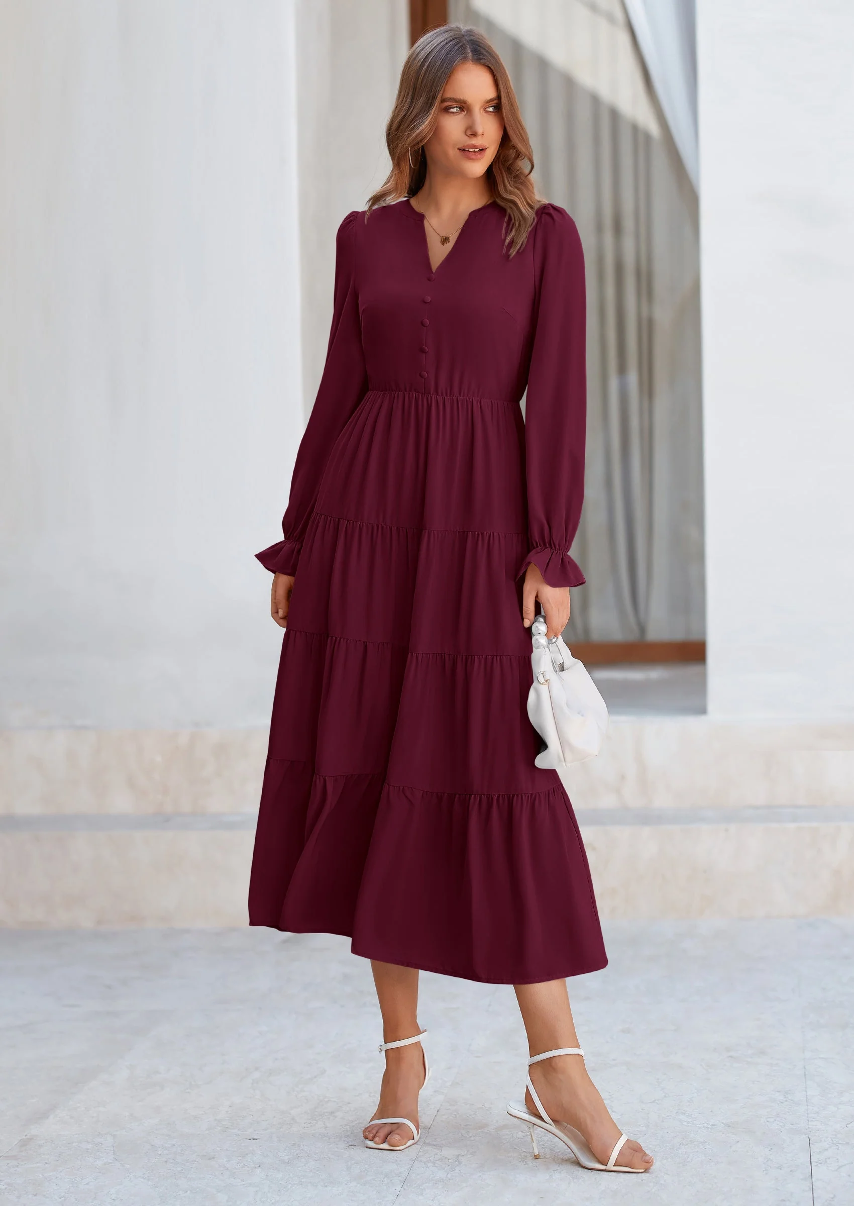 PRETTYGARDEN Women Fall Long Sleeve Smocked Maxi Dress Casual Square Neck Swiss Dot Tiered Ruffle Flowy Spring Pocket Dresses - Image 96