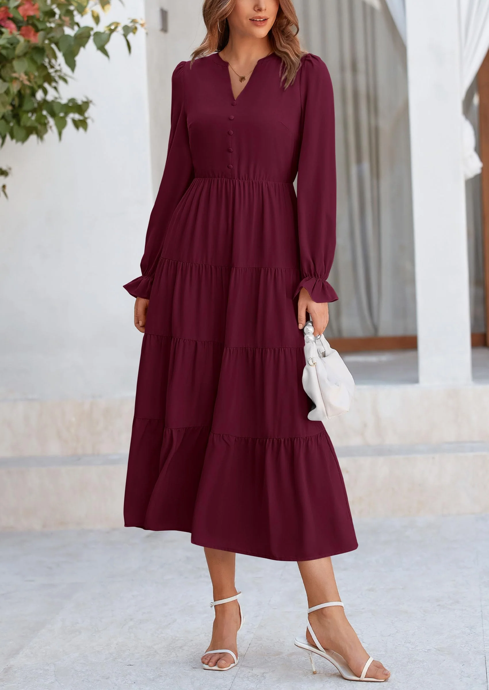 PRETTYGARDEN Women Fall Long Sleeve Smocked Maxi Dress Casual Square Neck Swiss Dot Tiered Ruffle Flowy Spring Pocket Dresses - Image 98