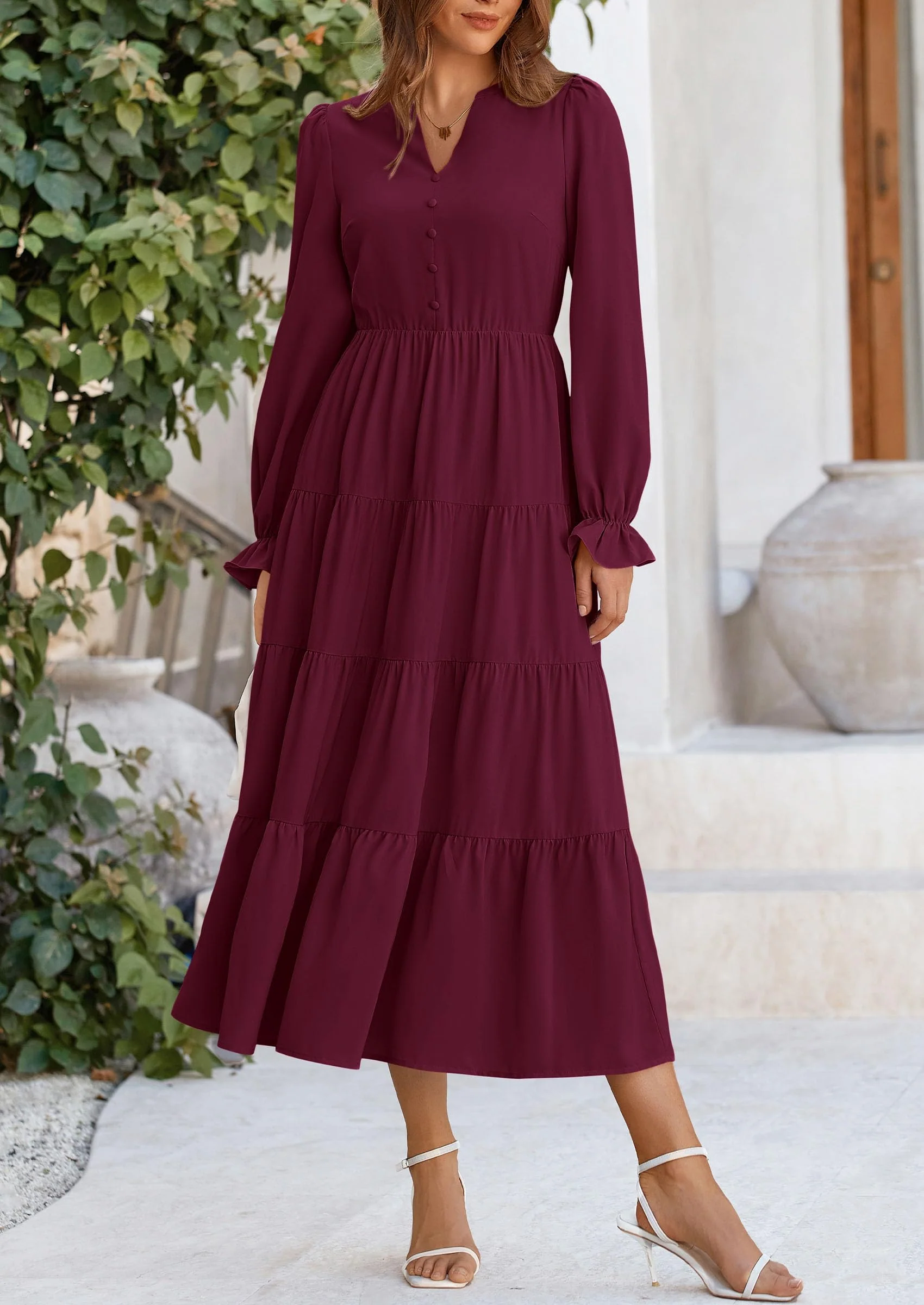 PRETTYGARDEN Women Fall Long Sleeve Smocked Maxi Dress Casual Square Neck Swiss Dot Tiered Ruffle Flowy Spring Pocket Dresses - Image 99