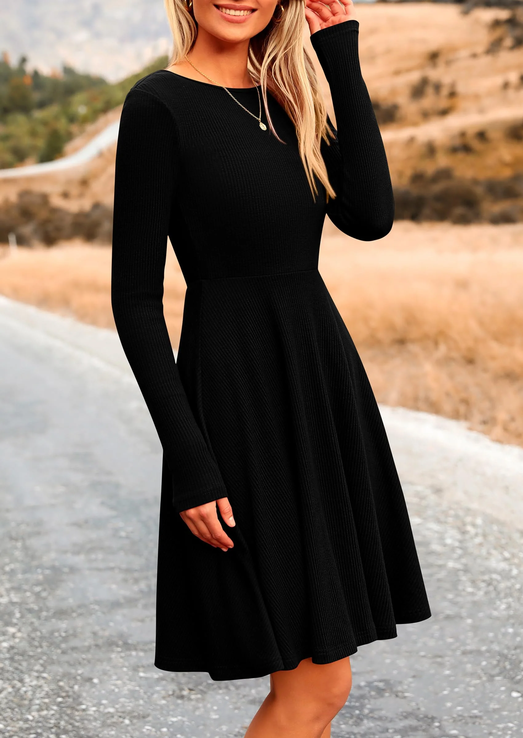 PRETTYGARDEN Women's Spring Fall Short Dress Ribbed Knit Crewneck Long Sleeve A Line Flowy Casual Elegant Going Out Dresses - Image 13