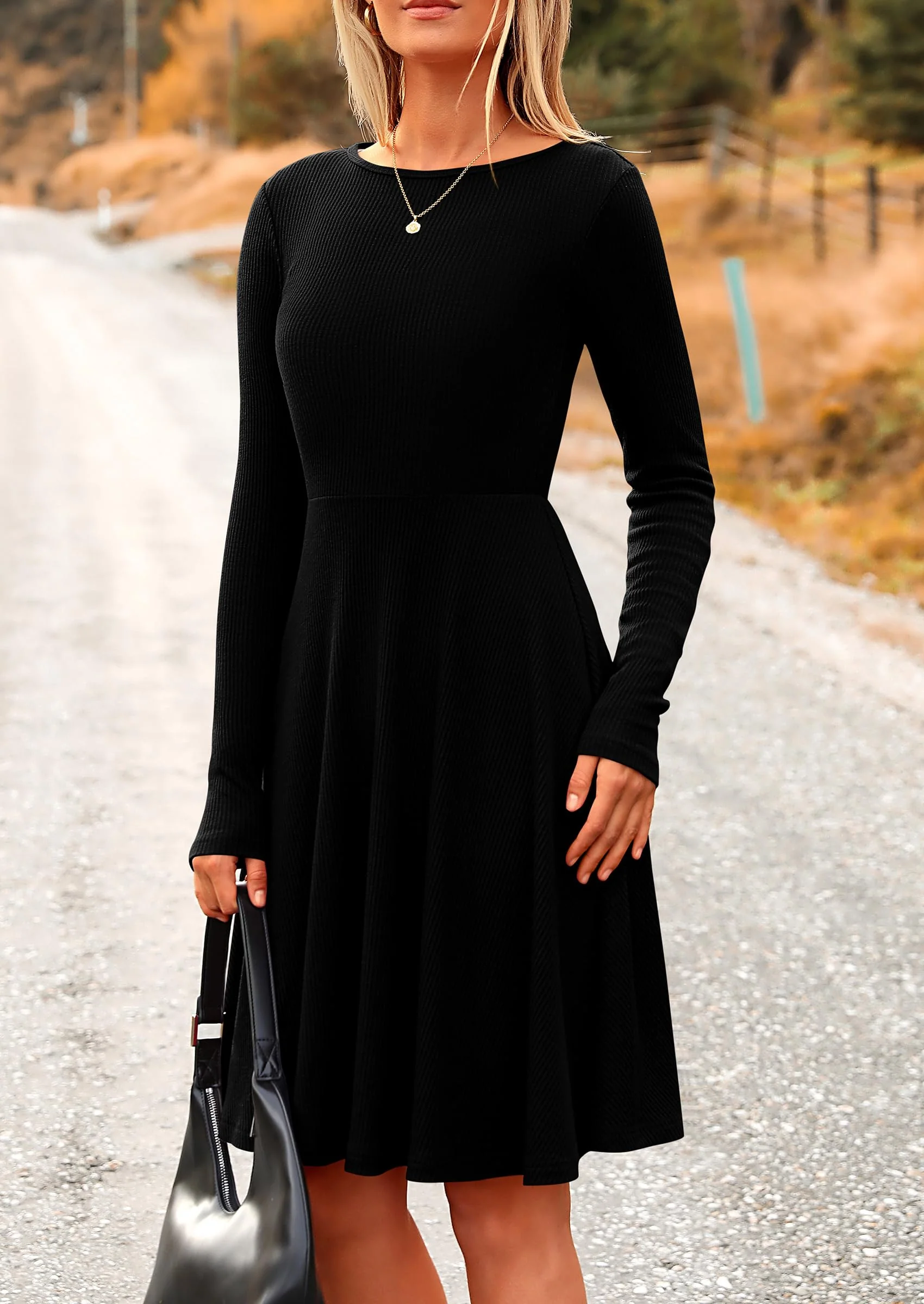 PRETTYGARDEN Women's Spring Fall Short Dress Ribbed Knit Crewneck Long Sleeve A Line Flowy Casual Elegant Going Out Dresses - Image 16