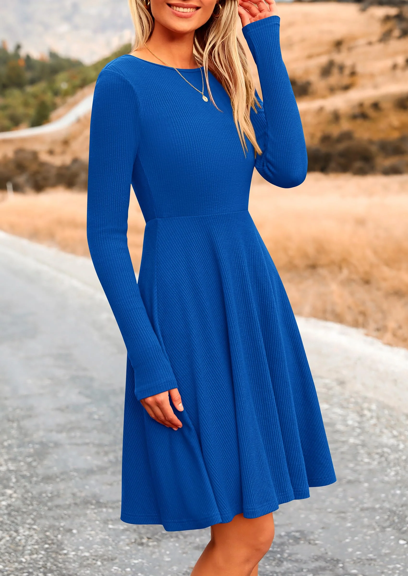 PRETTYGARDEN Women's Spring Fall Short Dress Ribbed Knit Crewneck Long Sleeve A Line Flowy Casual Elegant Going Out Dresses - Image 21