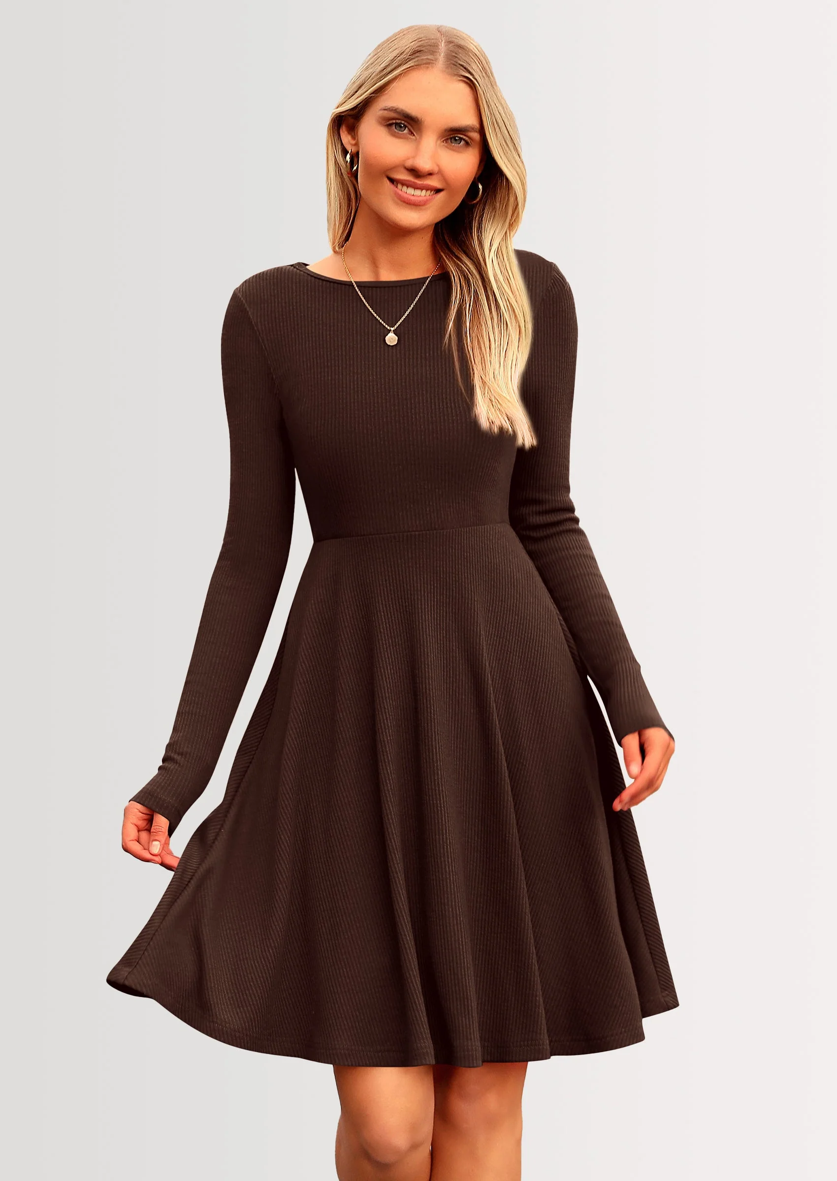 PRETTYGARDEN Women's Spring Fall Short Dress Ribbed Knit Crewneck Long Sleeve A Line Flowy Casual Elegant Going Out Dresses - Image 26
