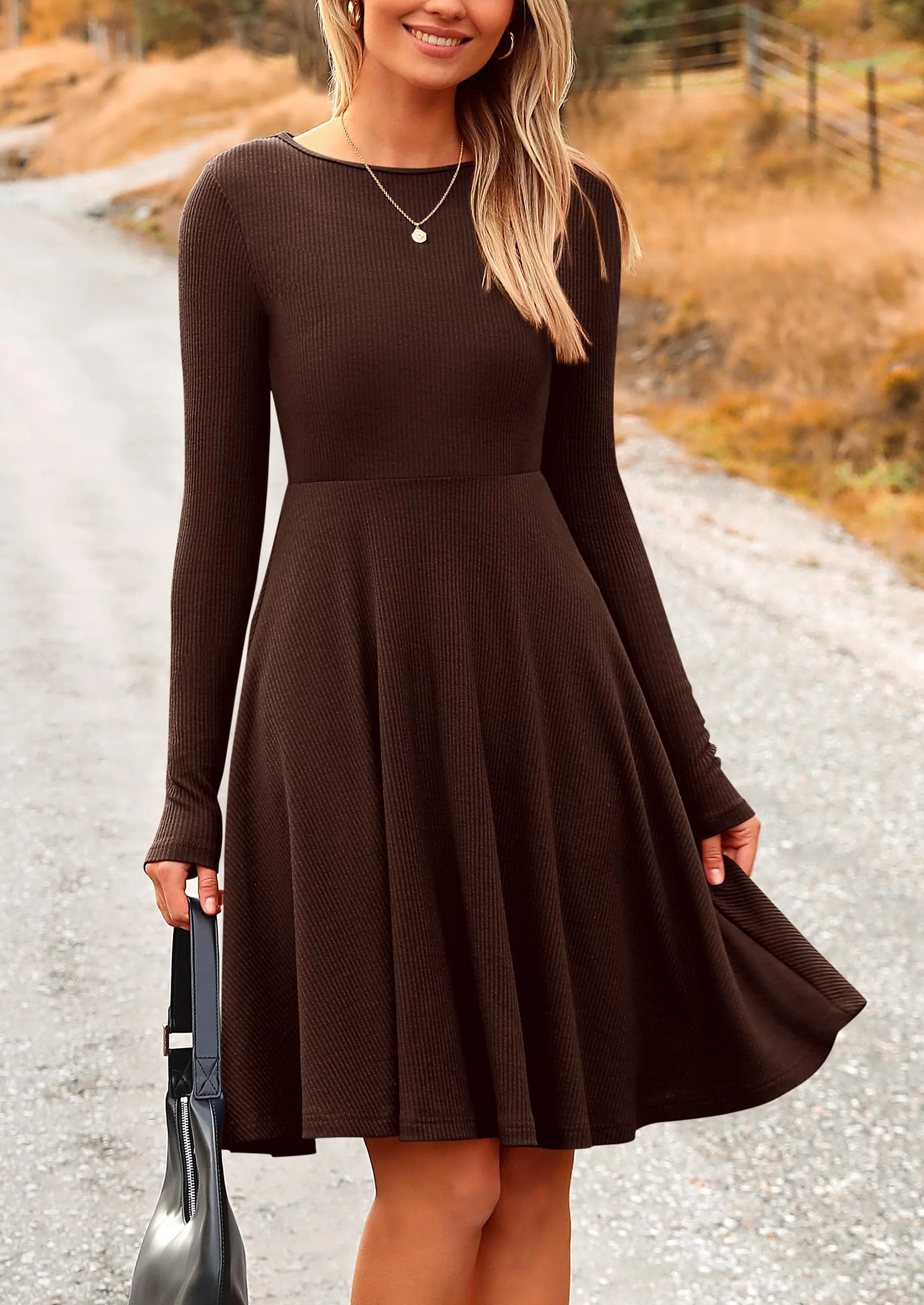 PRETTYGARDEN Women's Spring Fall Short Dress Ribbed Knit Crewneck Long Sleeve A Line Flowy Casual Elegant Going Out Dresses - Image 28