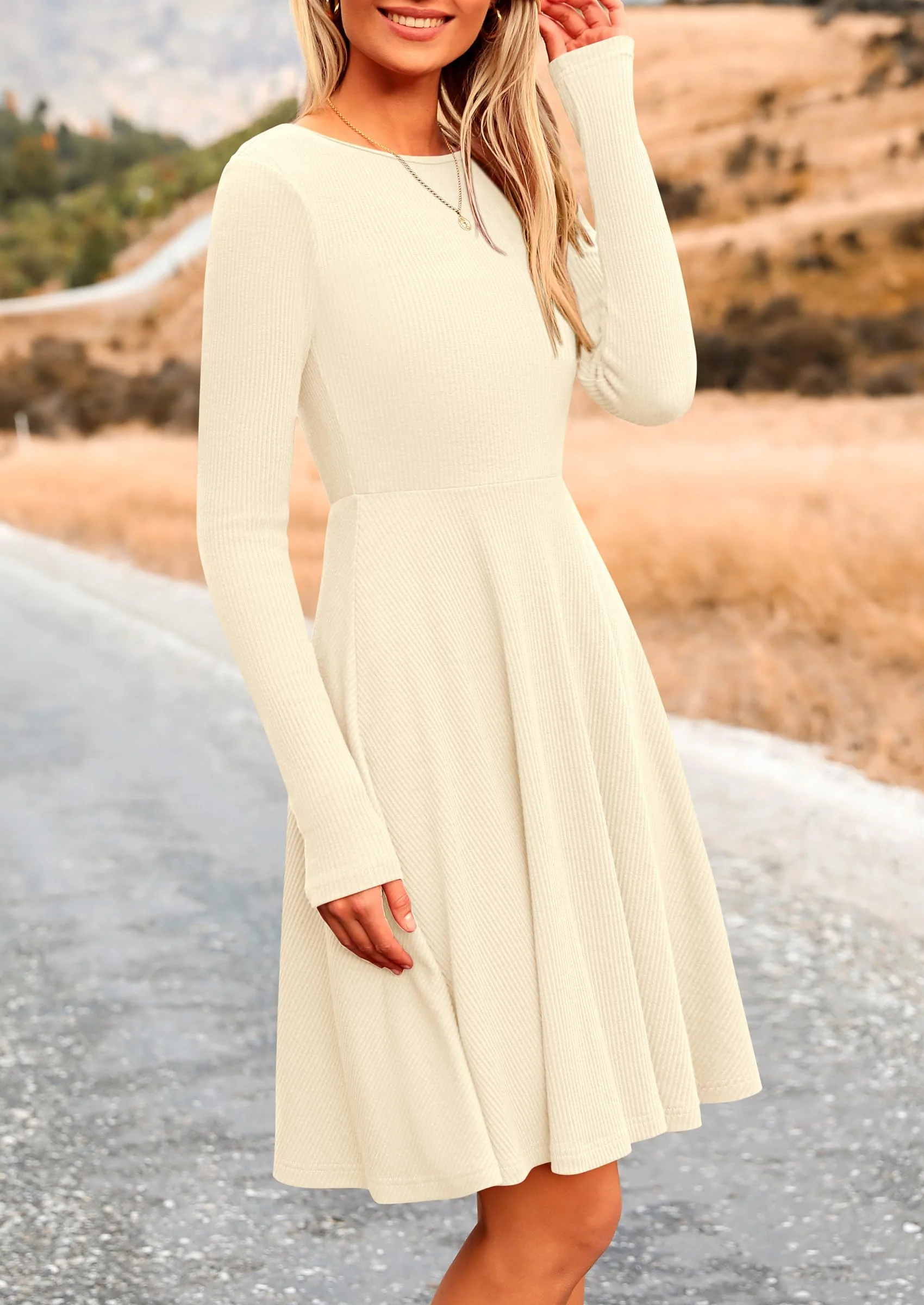 PRETTYGARDEN Women's Spring Fall Short Dress Ribbed Knit Crewneck Long Sleeve A Line Flowy Casual Elegant Going Out Dresses - Image 4