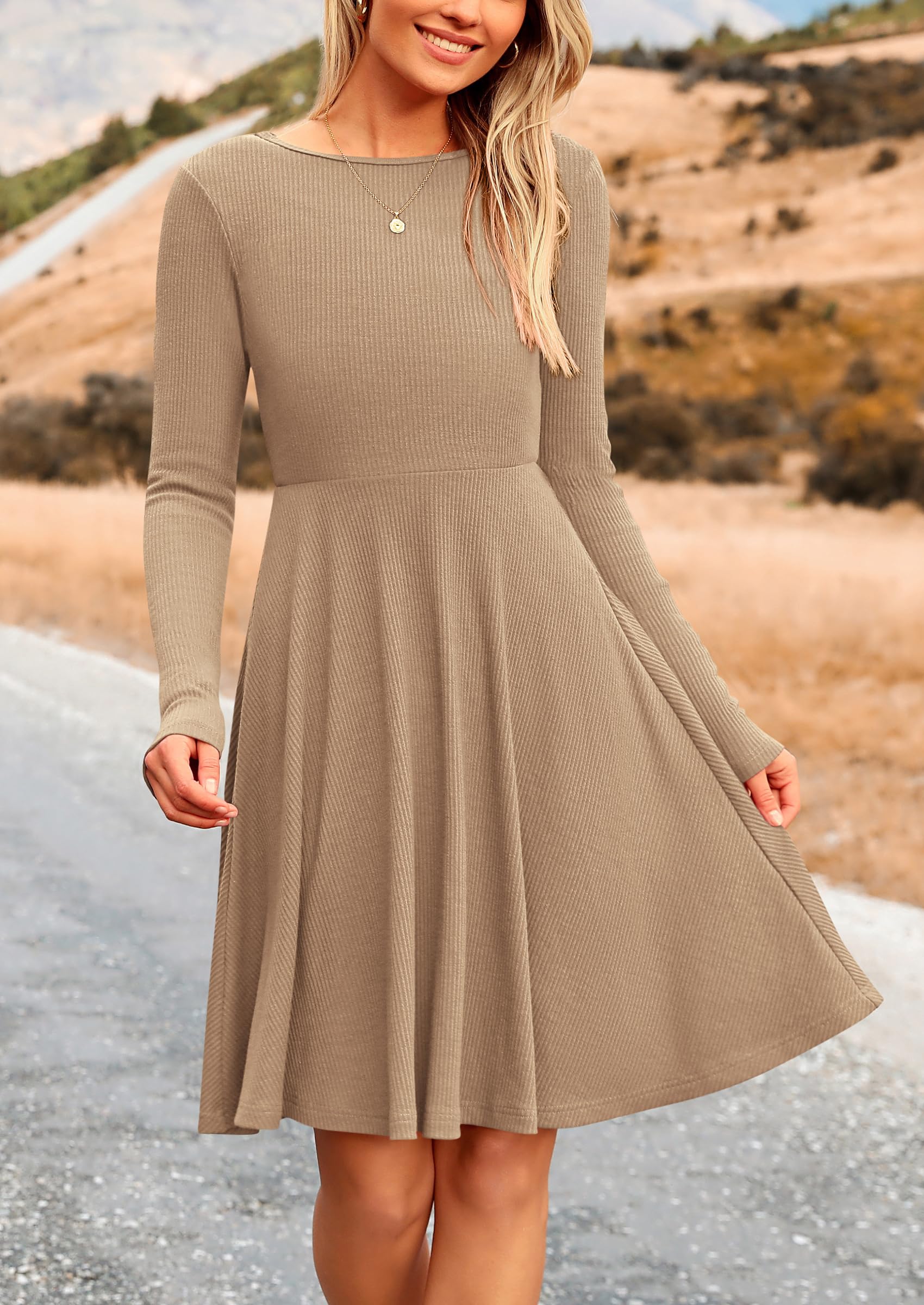 PRETTYGARDEN Women's Spring Fall Short Dress Ribbed Knit Crewneck Long Sleeve A Line Flowy Casual Elegant Going Out Dresses - Image 46