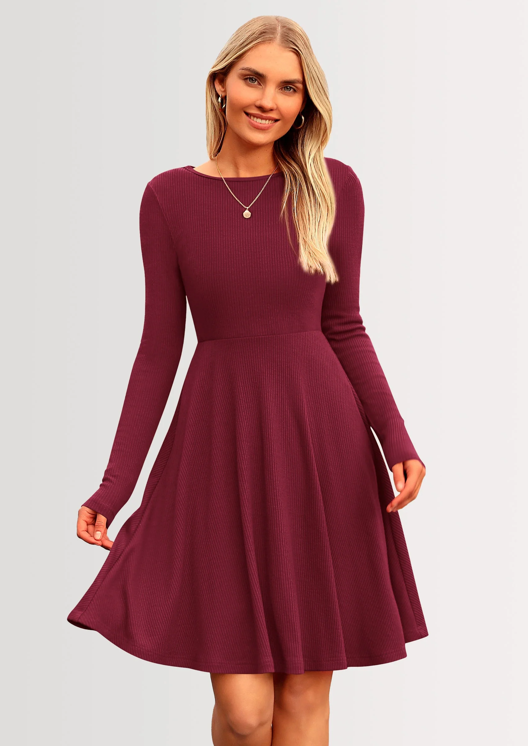 PRETTYGARDEN Women's Spring Fall Short Dress Ribbed Knit Crewneck Long Sleeve A Line Flowy Casual Elegant Going Out Dresses - Image 58