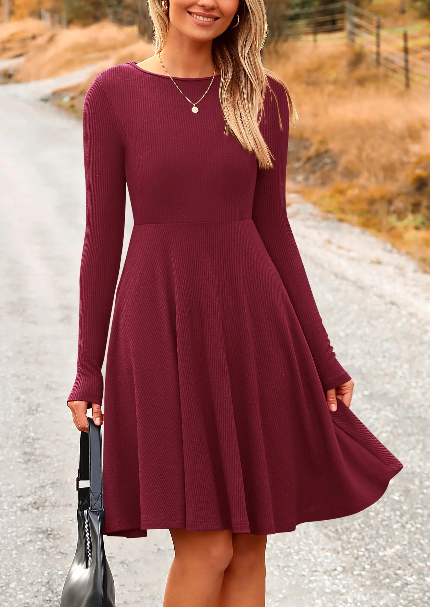 PRETTYGARDEN Women's Spring Fall Short Dress Ribbed Knit Crewneck Long Sleeve A Line Flowy Casual Elegant Going Out Dresses - Image 60