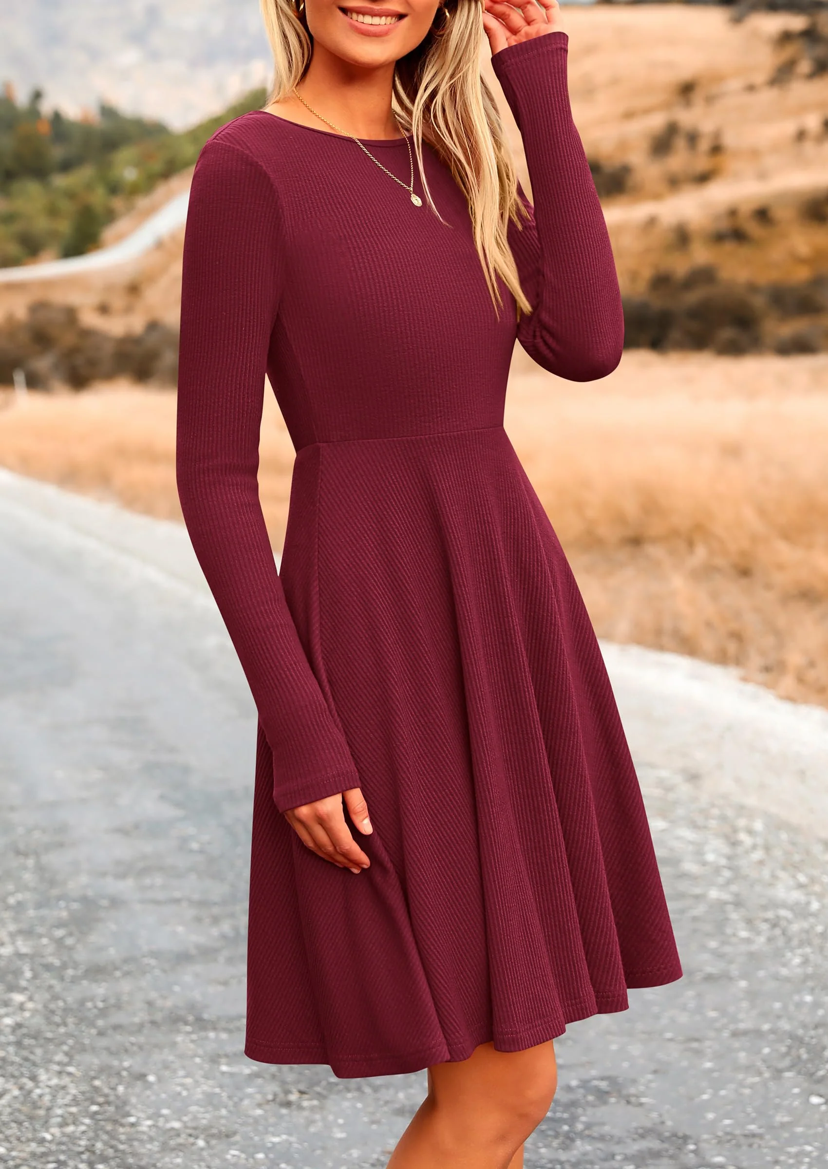 PRETTYGARDEN Women's Spring Fall Short Dress Ribbed Knit Crewneck Long Sleeve A Line Flowy Casual Elegant Going Out Dresses - Image 61