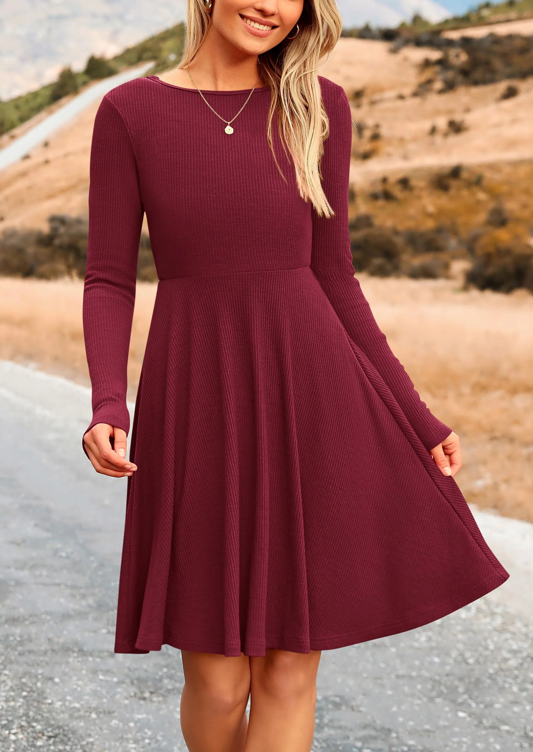 PRETTYGARDEN Women's Spring Fall Short Dress Ribbed Knit Crewneck Long Sleeve A Line Flowy Casual Elegant Going Out Dresses - Image 62