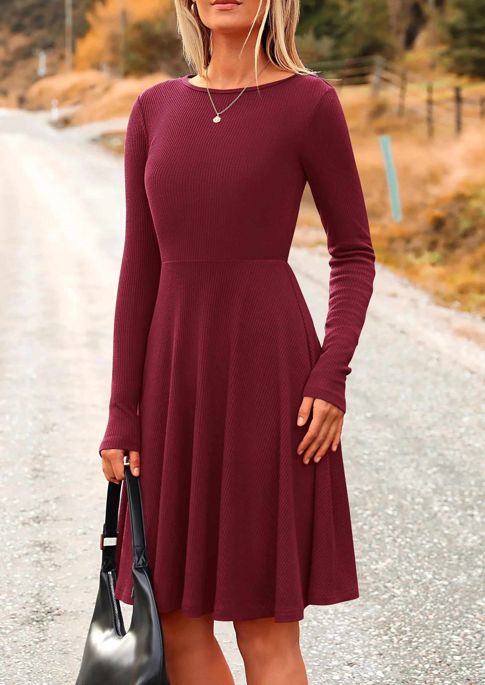 PRETTYGARDEN Women's Spring Fall Short Dress Ribbed Knit Crewneck Long Sleeve A Line Flowy Casual Elegant Going Out Dresses - Image 64