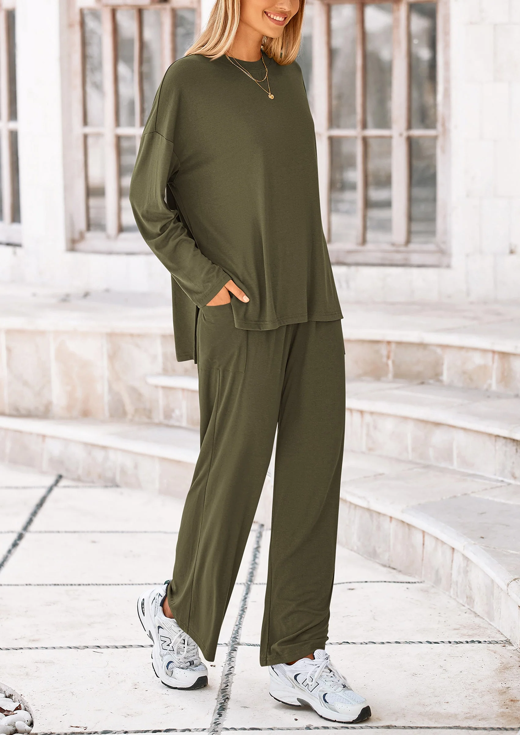 PRETTYGARDEN Women's Two Piece Lounge Sets Matching Long Sleeve Shirts Wide Leg Pants Tracksuits Travel Outfits Fall Clothes - Image 12