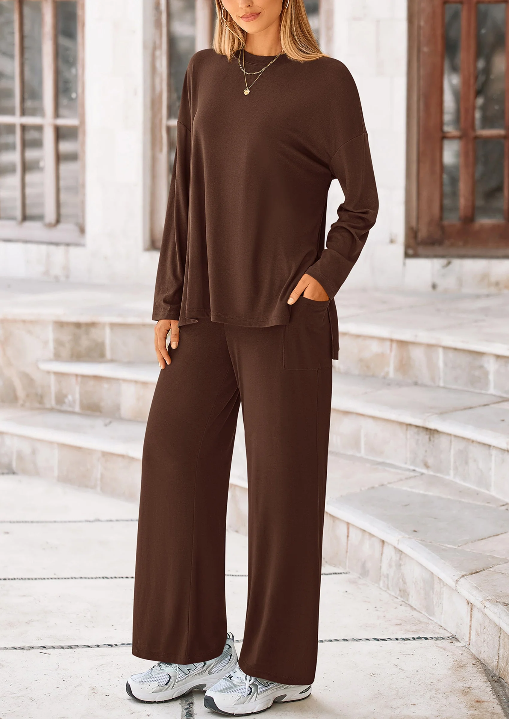 PRETTYGARDEN Women's Two Piece Lounge Sets Matching Long Sleeve Shirts Wide Leg Pants Tracksuits Travel Outfits Fall Clothes - Image 45