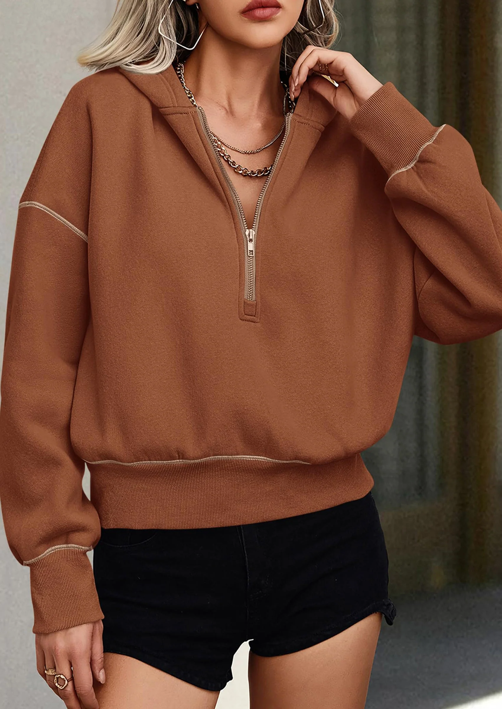 PRETTYGARDEN Women's Hooded Sweatshirts Long Sleeve Half Zip Cropped Hoodie Pullover Winter Fashion Clothes - Image 7