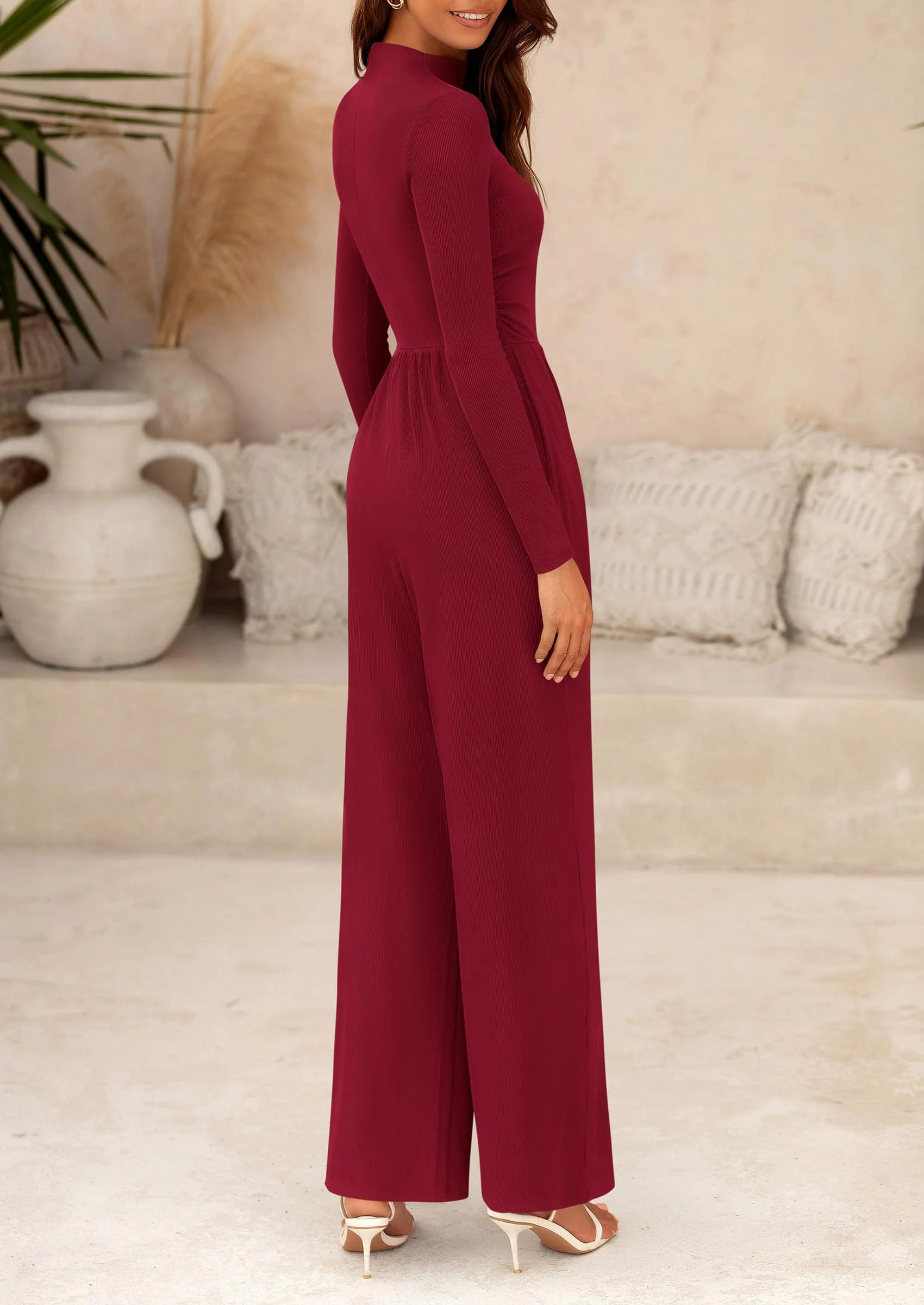PRETTYGARDEN Dressy Casual Fashion Outfits Long Sleeve Mock Neck Wide Leg Pants Rompers - Image 46