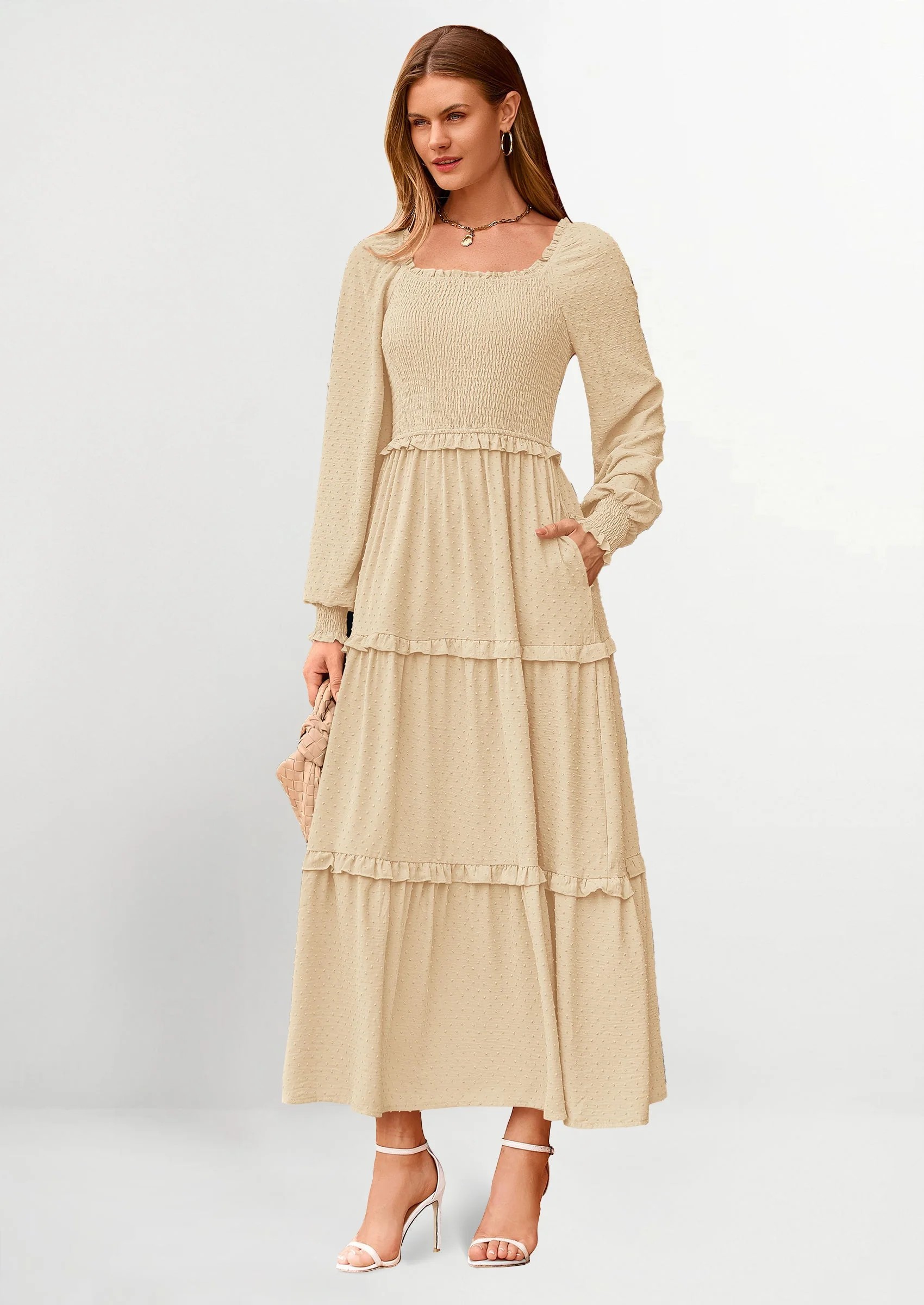 PRETTYGARDEN Women Fall Long Sleeve Smocked Maxi Dress Casual Square Neck Swiss Dot Tiered Ruffle Flowy Spring Pocket Dresses