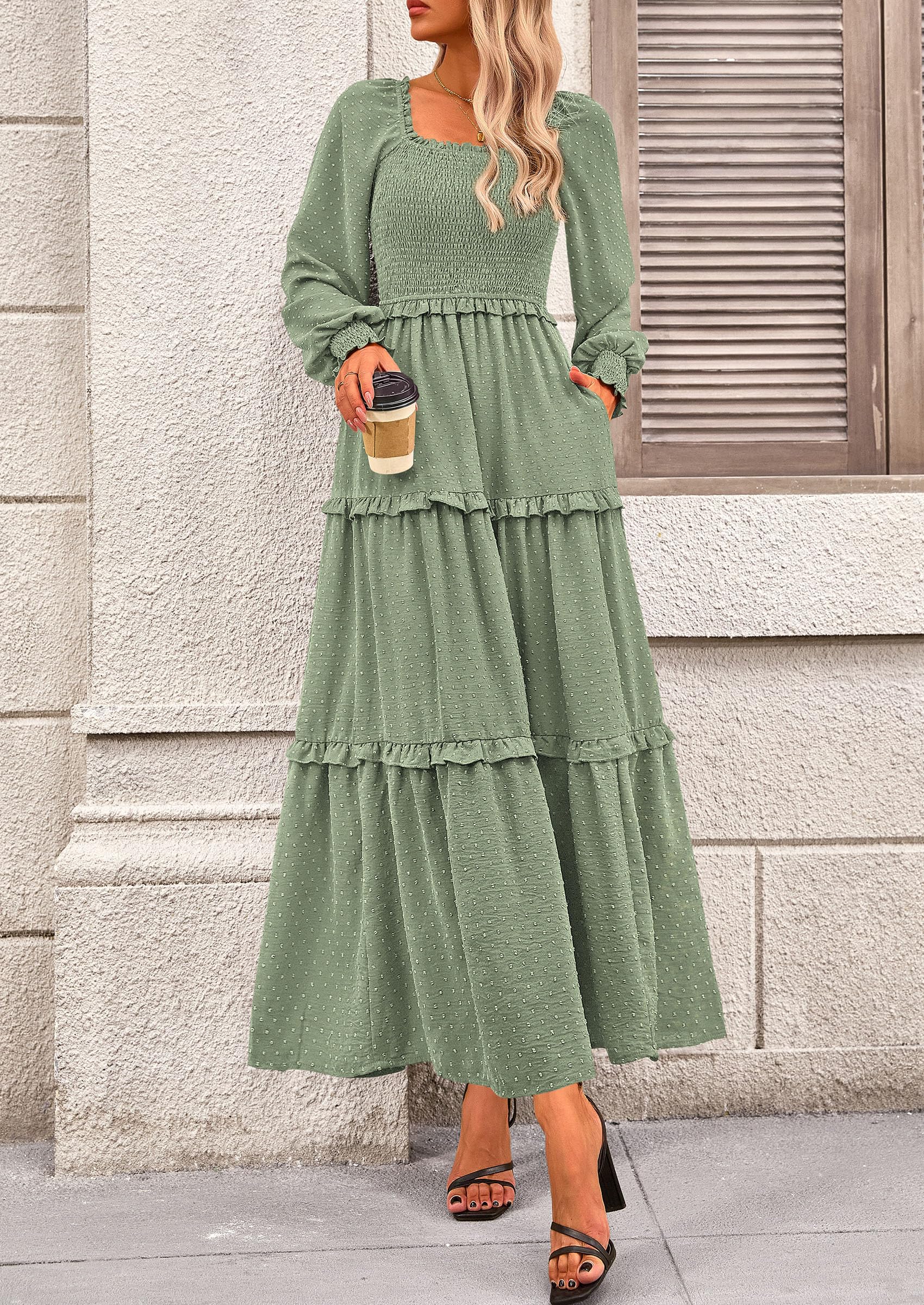 PRETTYGARDEN Women Fall Long Sleeve Smocked Maxi Dress Casual Square Neck Swiss Dot Tiered Ruffle Flowy Spring Pocket Dresses - Image 103