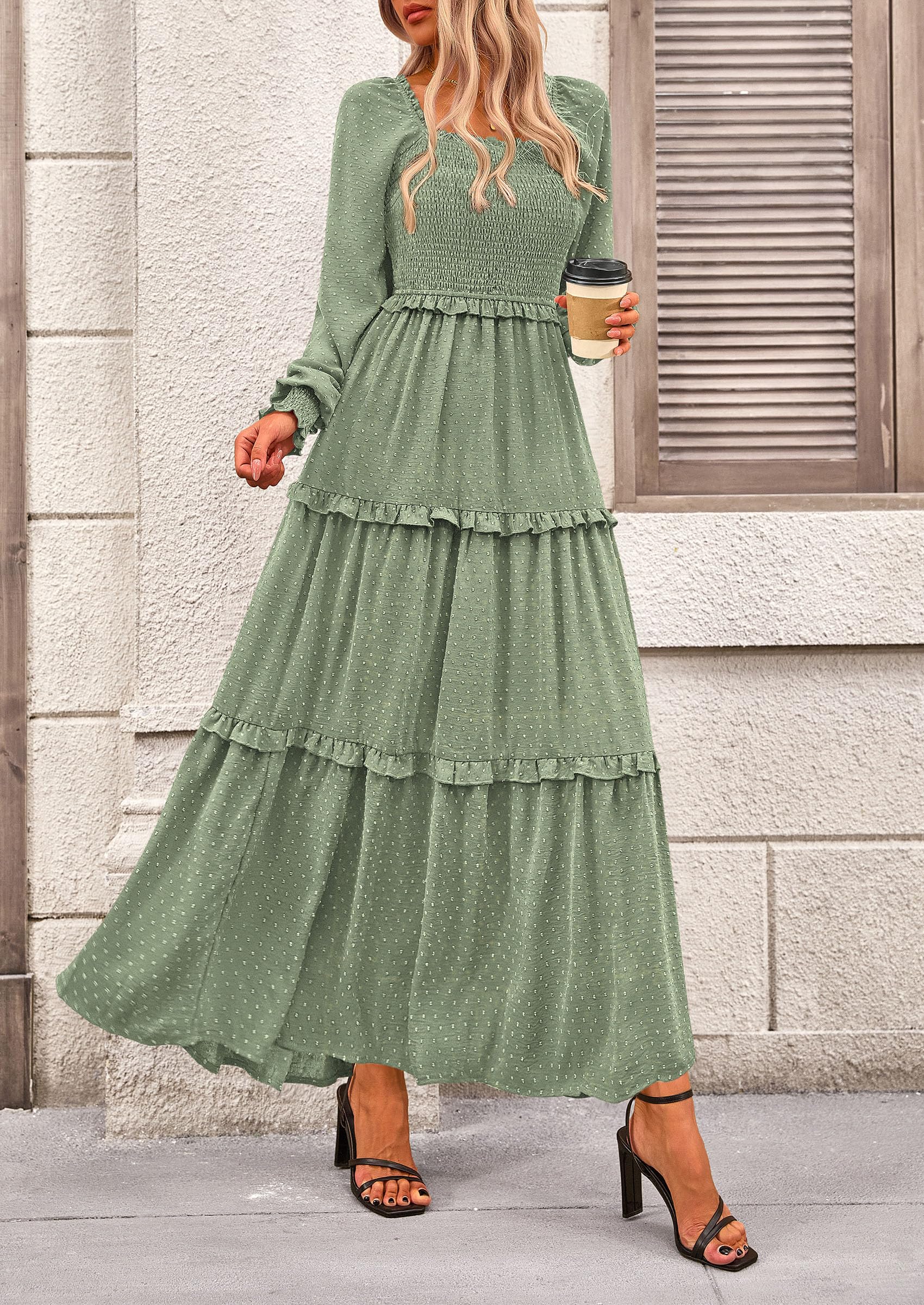 PRETTYGARDEN Women Fall Long Sleeve Smocked Maxi Dress Casual Square Neck Swiss Dot Tiered Ruffle Flowy Spring Pocket Dresses - Image 104