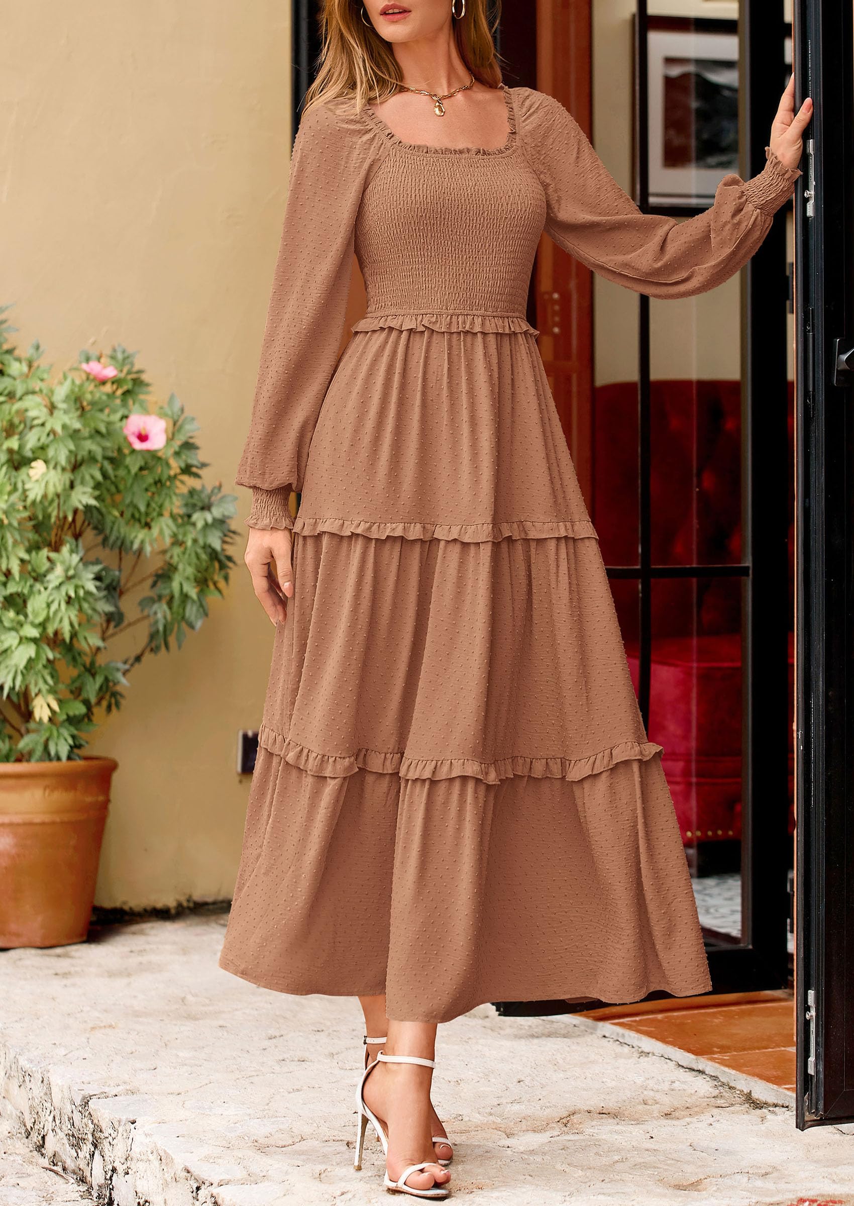 PRETTYGARDEN Women Fall Long Sleeve Smocked Maxi Dress Casual Square Neck Swiss Dot Tiered Ruffle Flowy Spring Pocket Dresses - Image 115