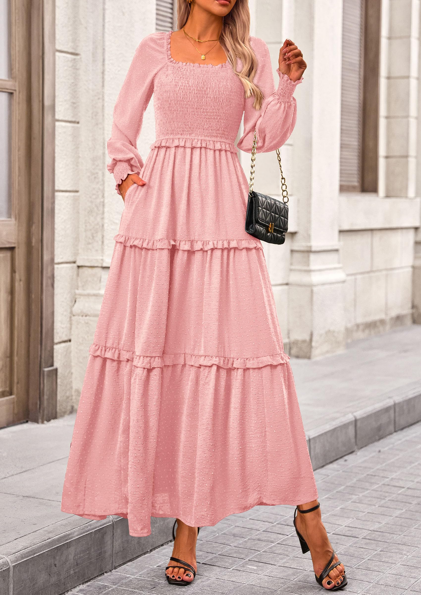 PRETTYGARDEN Women Fall Long Sleeve Smocked Maxi Dress Casual Square Neck Swiss Dot Tiered Ruffle Flowy Spring Pocket Dresses - Image 13