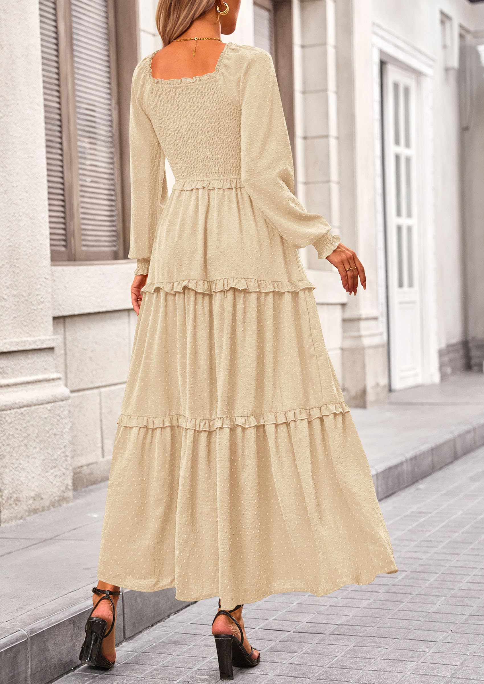 PRETTYGARDEN Women Fall Long Sleeve Smocked Maxi Dress Casual Square Neck Swiss Dot Tiered Ruffle Flowy Spring Pocket Dresses - Image 2