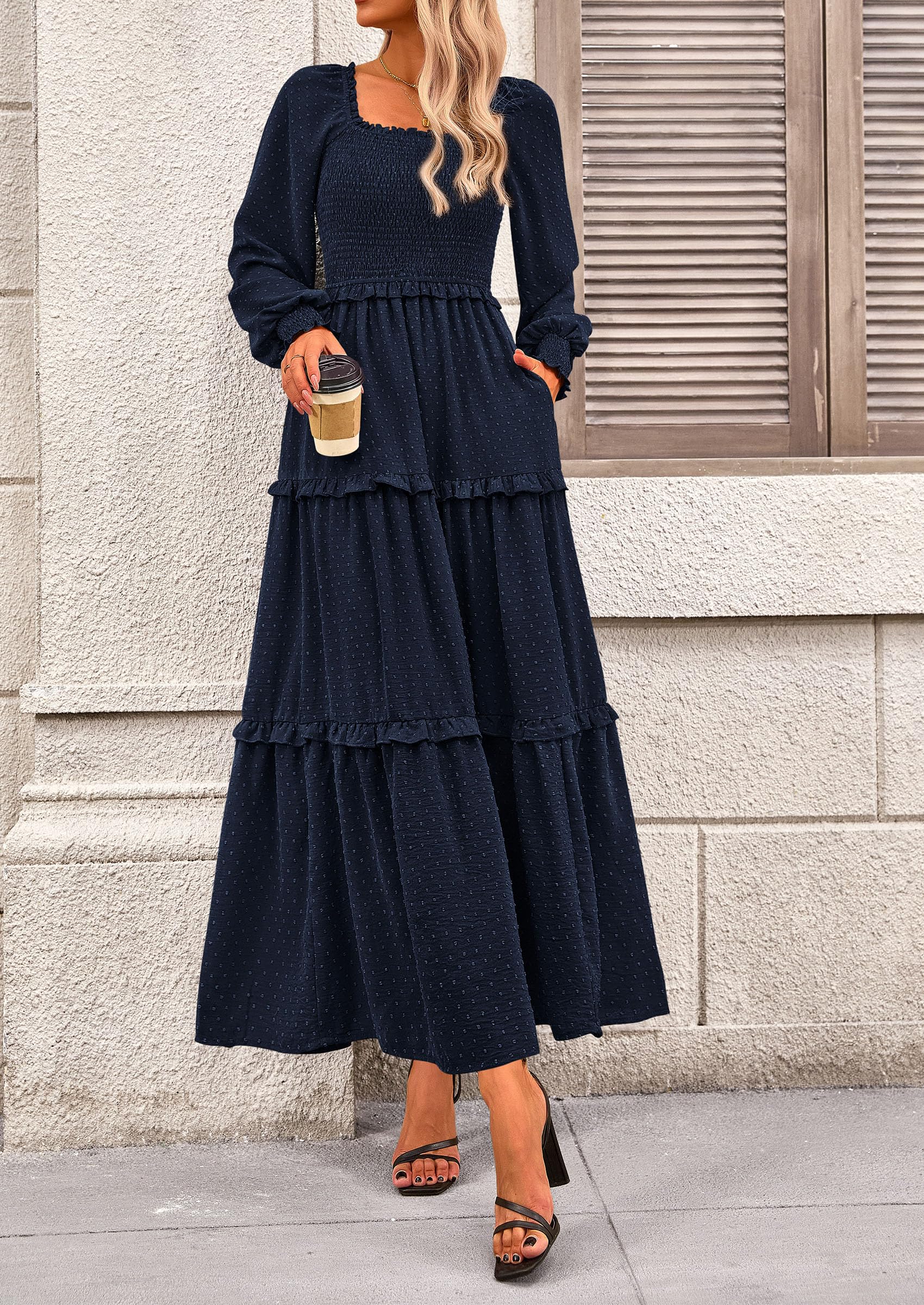 PRETTYGARDEN Women Fall Long Sleeve Smocked Maxi Dress Casual Square Neck Swiss Dot Tiered Ruffle Flowy Spring Pocket Dresses - Image 21