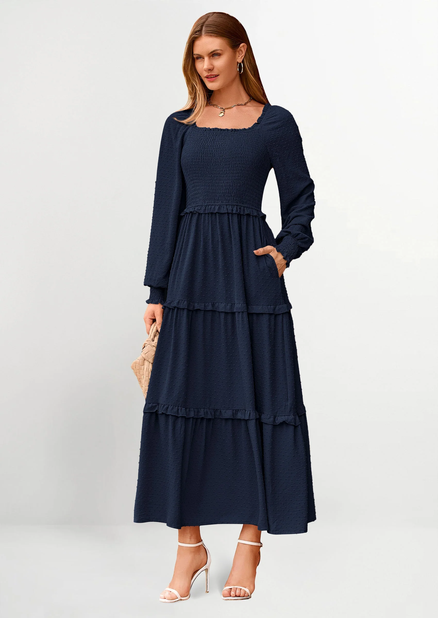 PRETTYGARDEN Women Fall Long Sleeve Smocked Maxi Dress Casual Square Neck Swiss Dot Tiered Ruffle Flowy Spring Pocket Dresses - Image 26