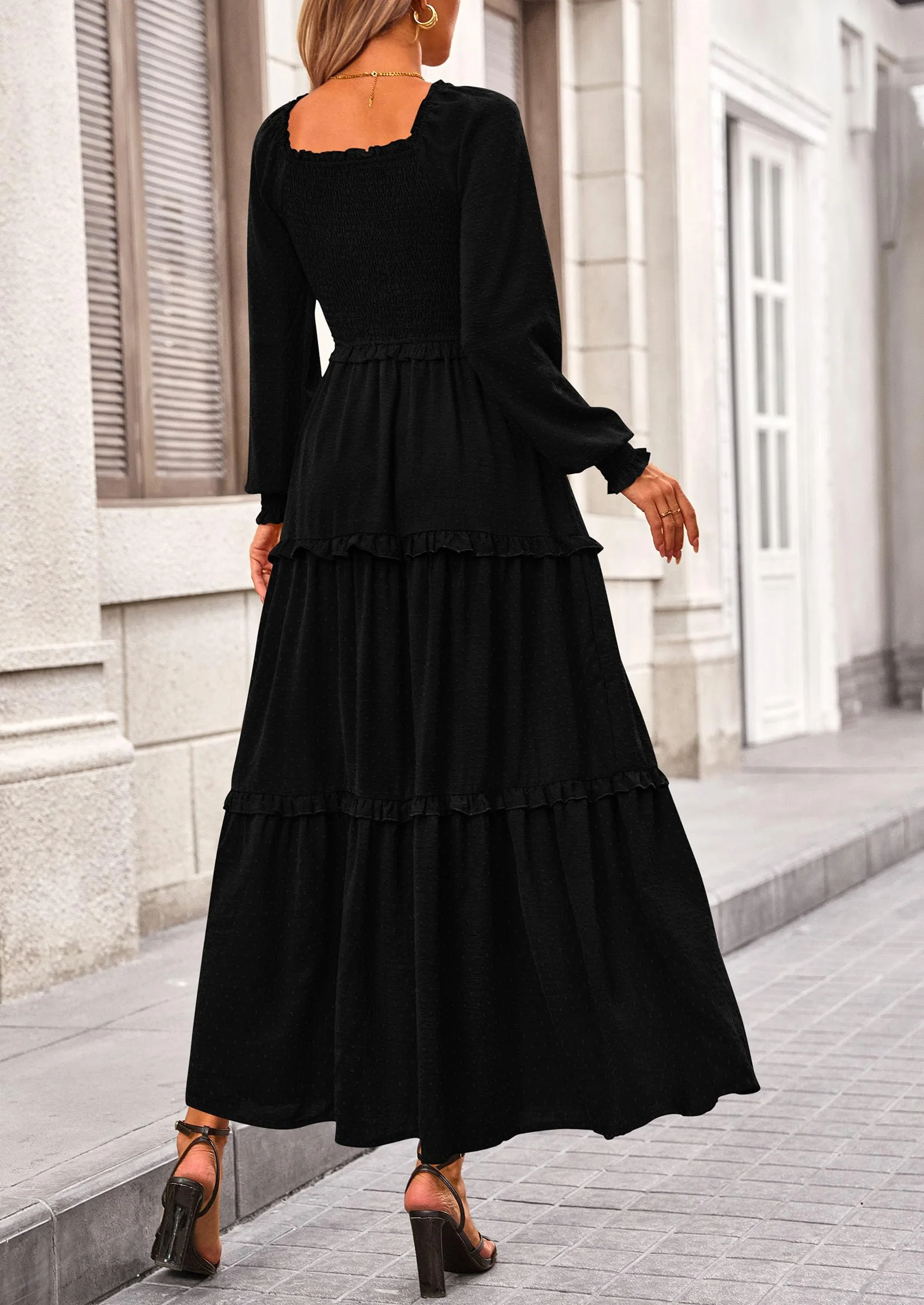 PRETTYGARDEN Women Fall Long Sleeve Smocked Maxi Dress Casual Square Neck Swiss Dot Tiered Ruffle Flowy Spring Pocket Dresses - Image 27
