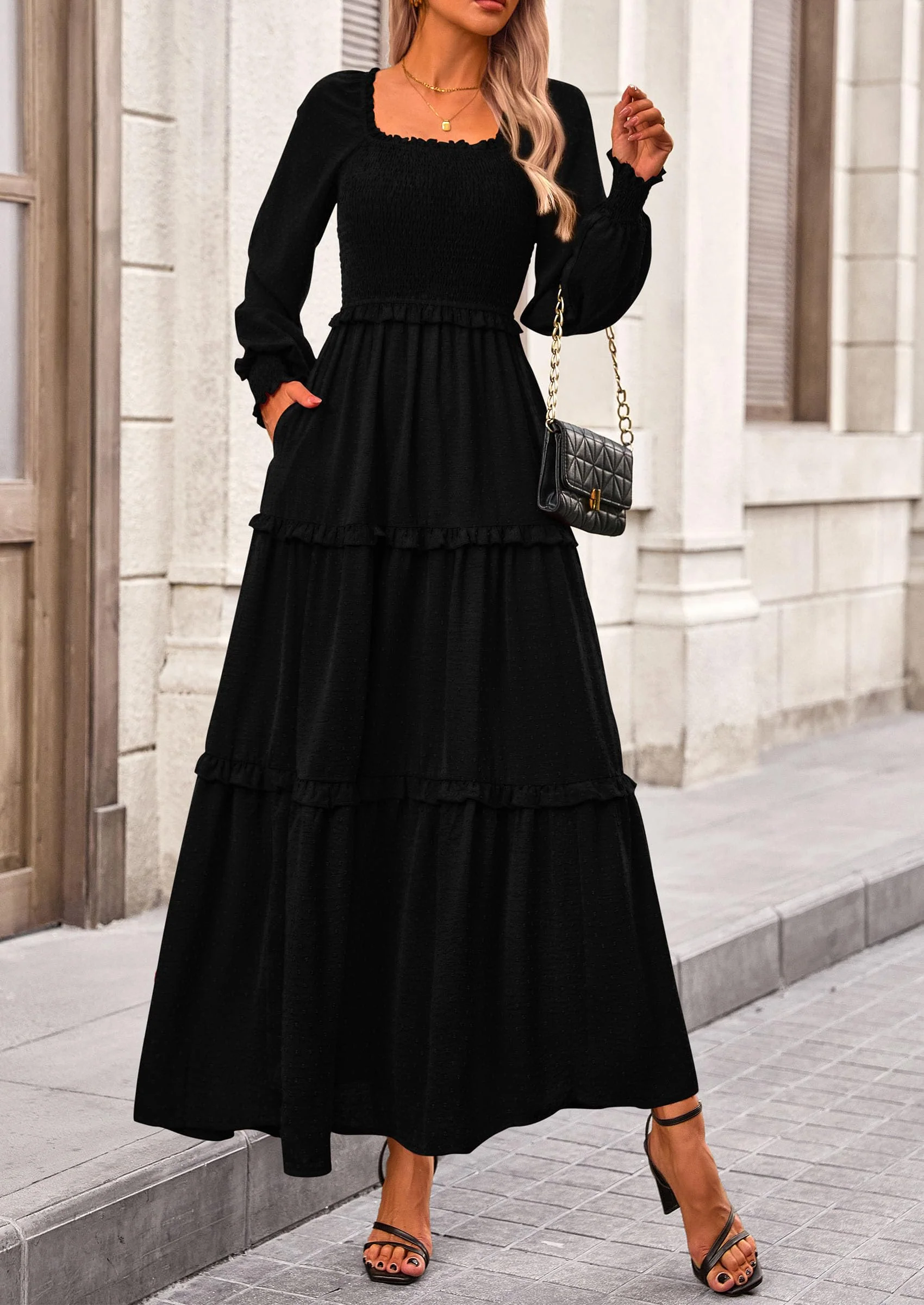 PRETTYGARDEN Women Fall Long Sleeve Smocked Maxi Dress Casual Square Neck Swiss Dot Tiered Ruffle Flowy Spring Pocket Dresses - Image 29